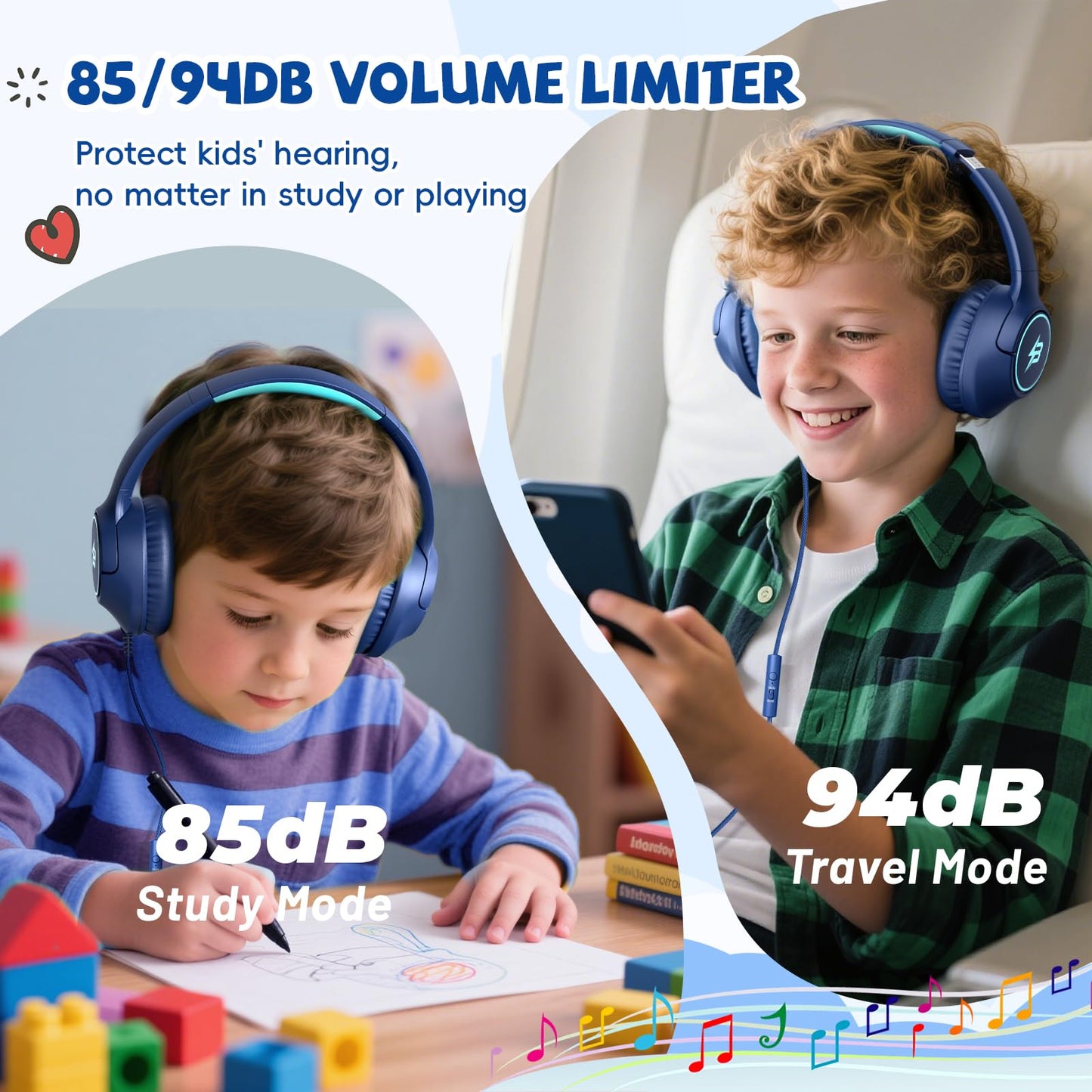 Auriculares para niños con cable para la escuela, límite de volumen de 85/94 dB, auriculares con cable para niños y niñas con micrófono, sonido estéreo, conector de 3,5 mm para Kindle, tablet, viajes