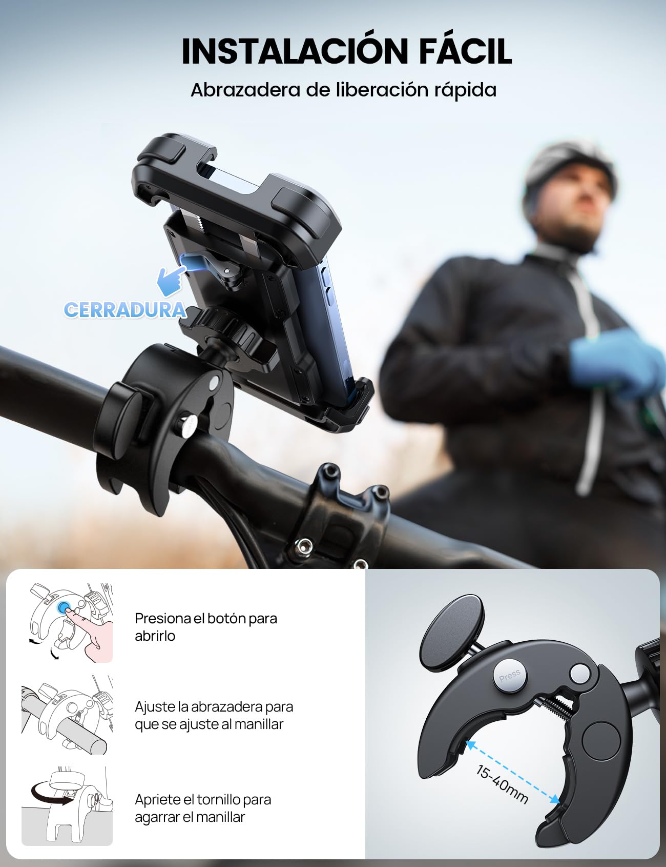 Lamicall Soporte Móvil Bicicleta, Soporte Móvil Moto - 360°Rotación, Liberación con un Botón, Soporte Teléfono Bici para iPhone 17 16 15 14 13 Pro MAX/Plus/Mini, Samsung, Huawei, 4.7-6.8” Smartphone