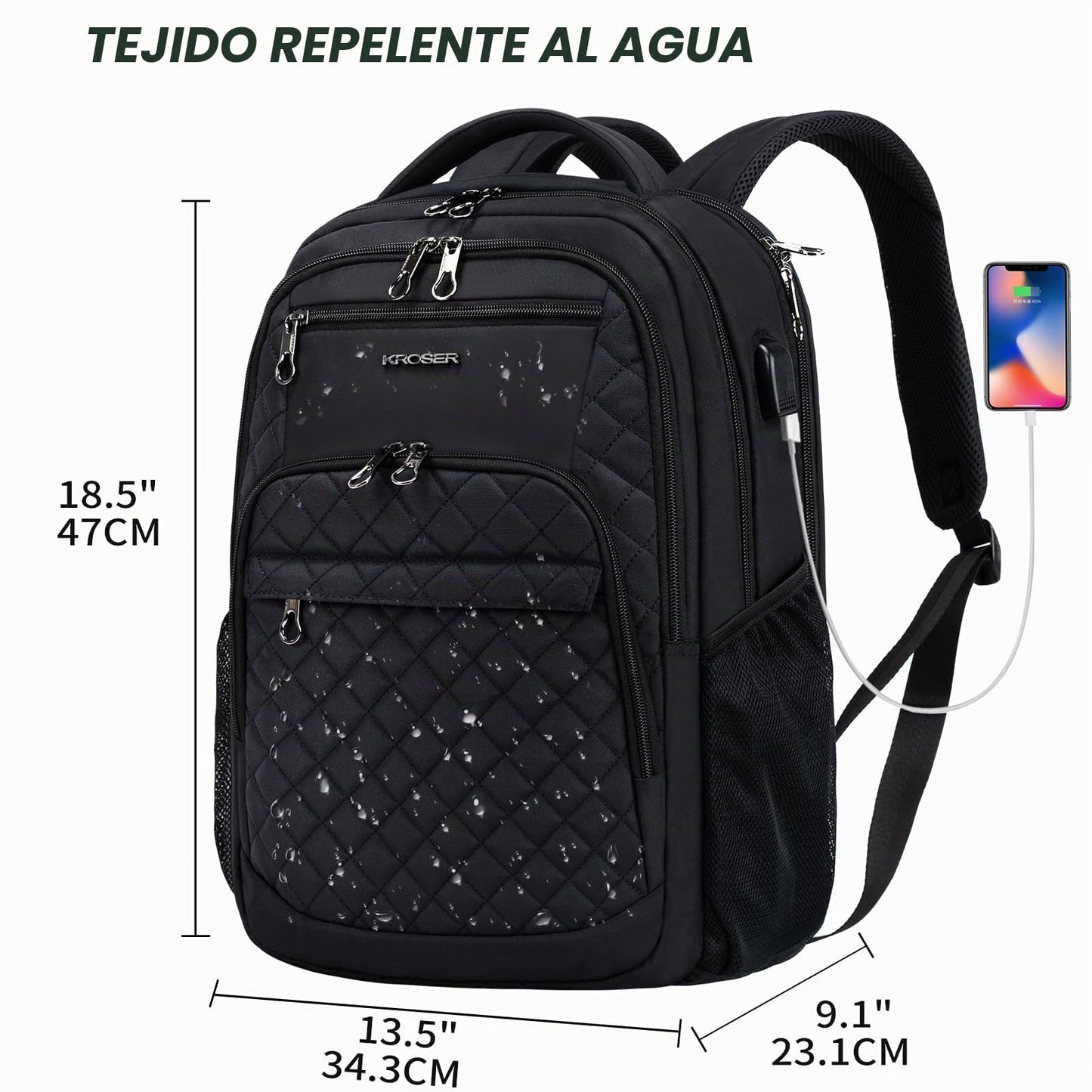 KROSER Mochila de viaje para portátil, Acolchado, negro, 43,18 cm, Mochilas Daypack