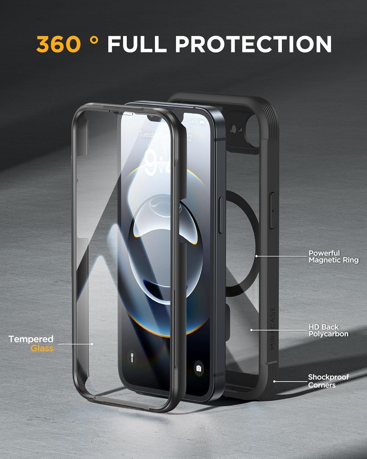 Miracase Funda de cristal magnético para iPhone 16e, color negro