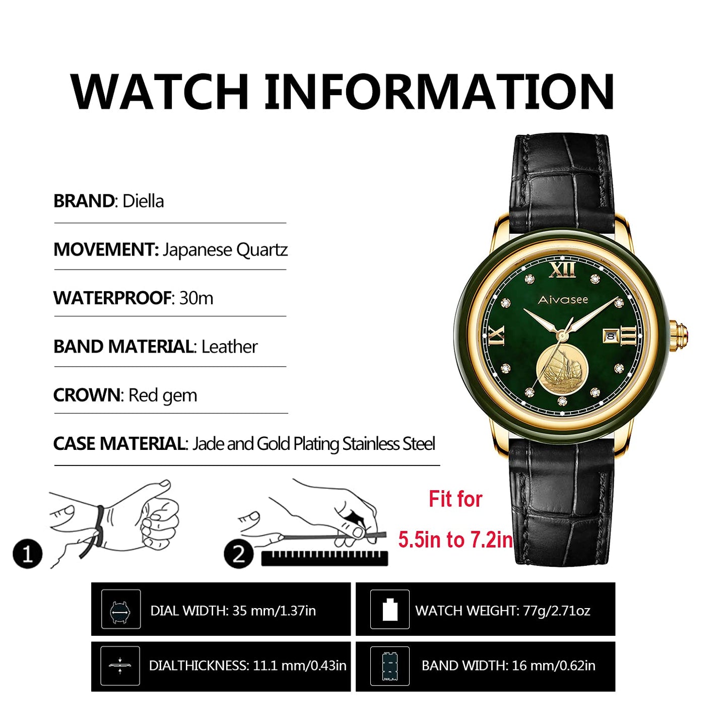 Diella Reloj impermeable para mujer, reloj de pulsera de cuero y movimiento de cuarzo japonés, relojes analógicos de moda, espejo de cristal de zafiro y circonitas de corona de rubí (AD5002L)