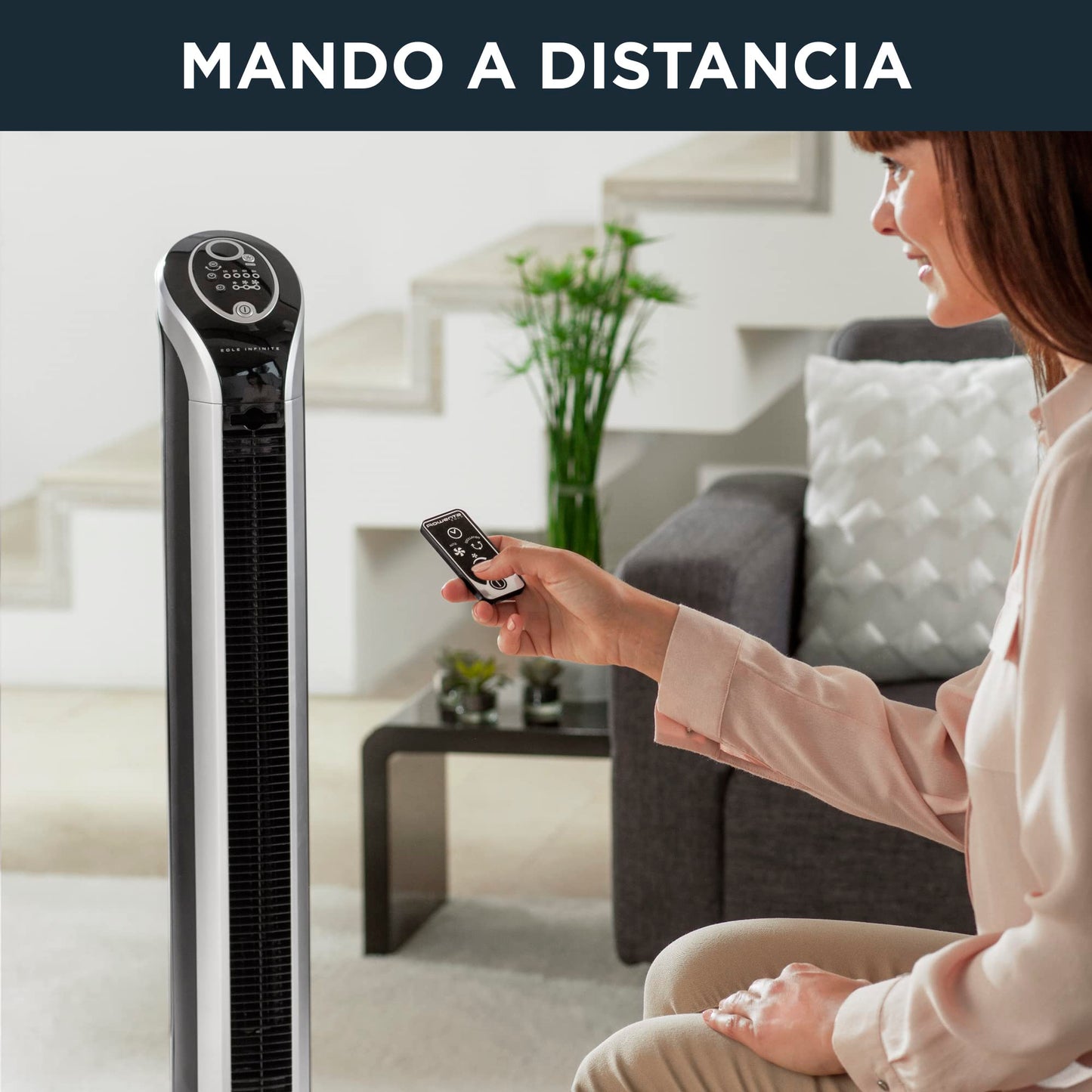 Rowenta Eole Infinite, Ventilador de Torre Potente, Temporizador de hasta 8 horas, 3 Velocidades, Mando a Distancia, Apagado Automático, Moderno, Bajo Consumo Energético, Sin Aspas, Negro VU6670