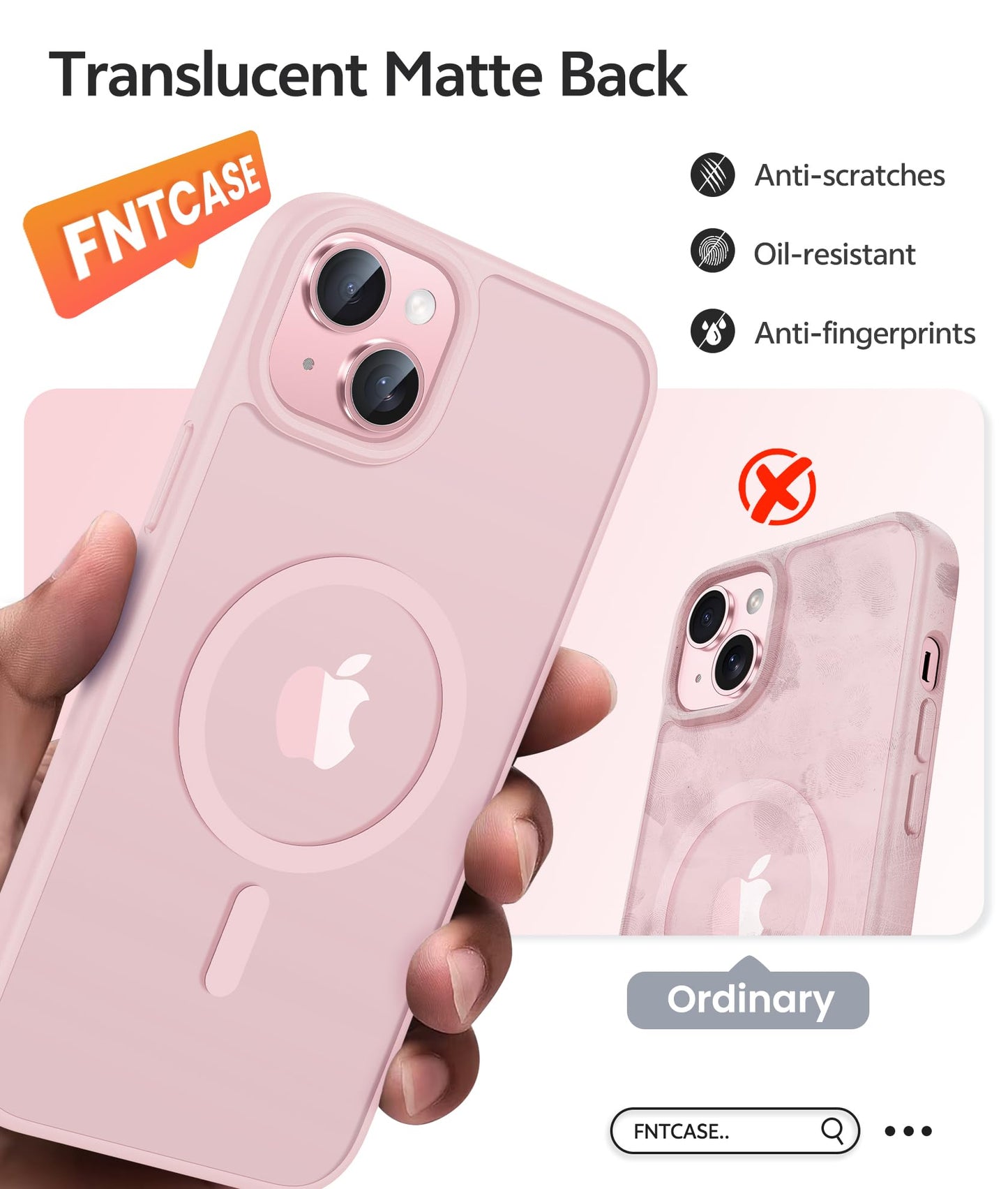 FNTCASE Funda magnética para iPhone 15: iPhone 15 Funda Protectora Transparente Mate Militar anticaídas antiamarilleamiento – Carcasa Robusta Duradera Resistente a los Golpes Fina (Rosa/6,1 Pulgadas)