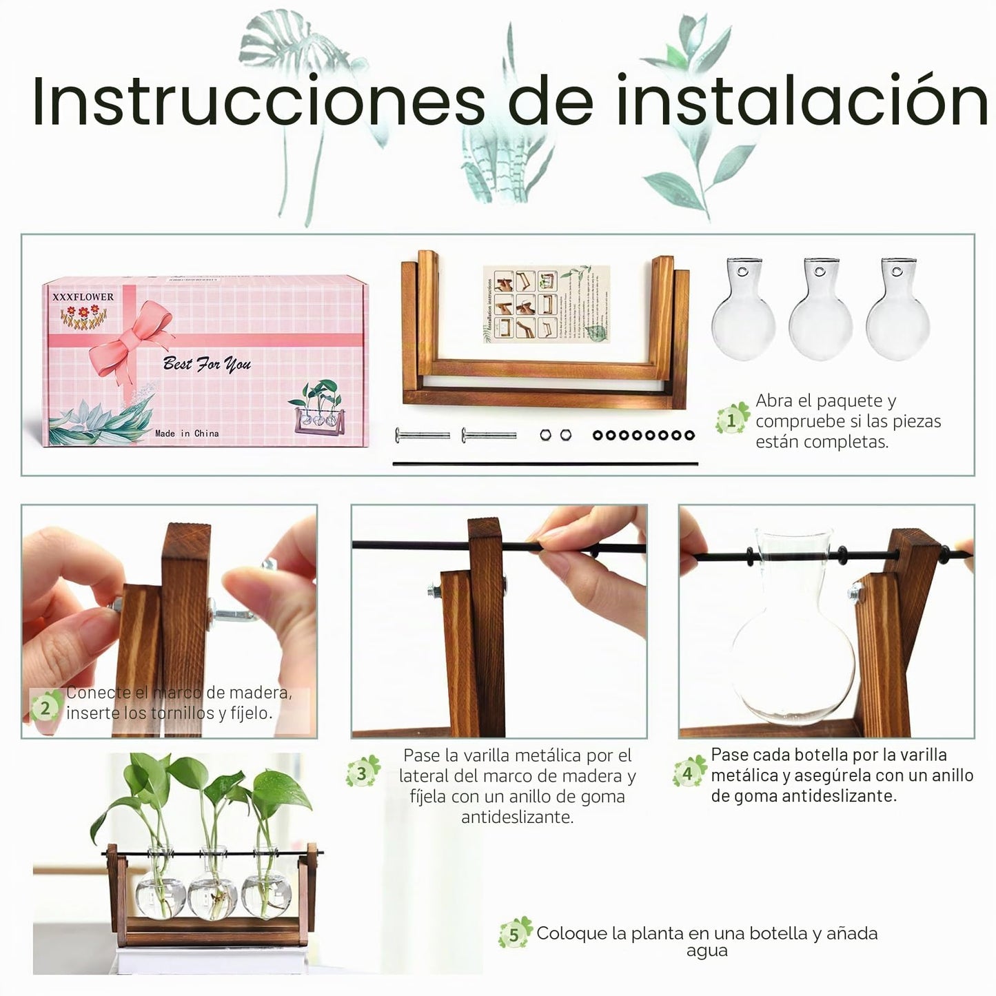 Terrario decorativo XXXFLOWER con soporte de madera y 3 jarrones