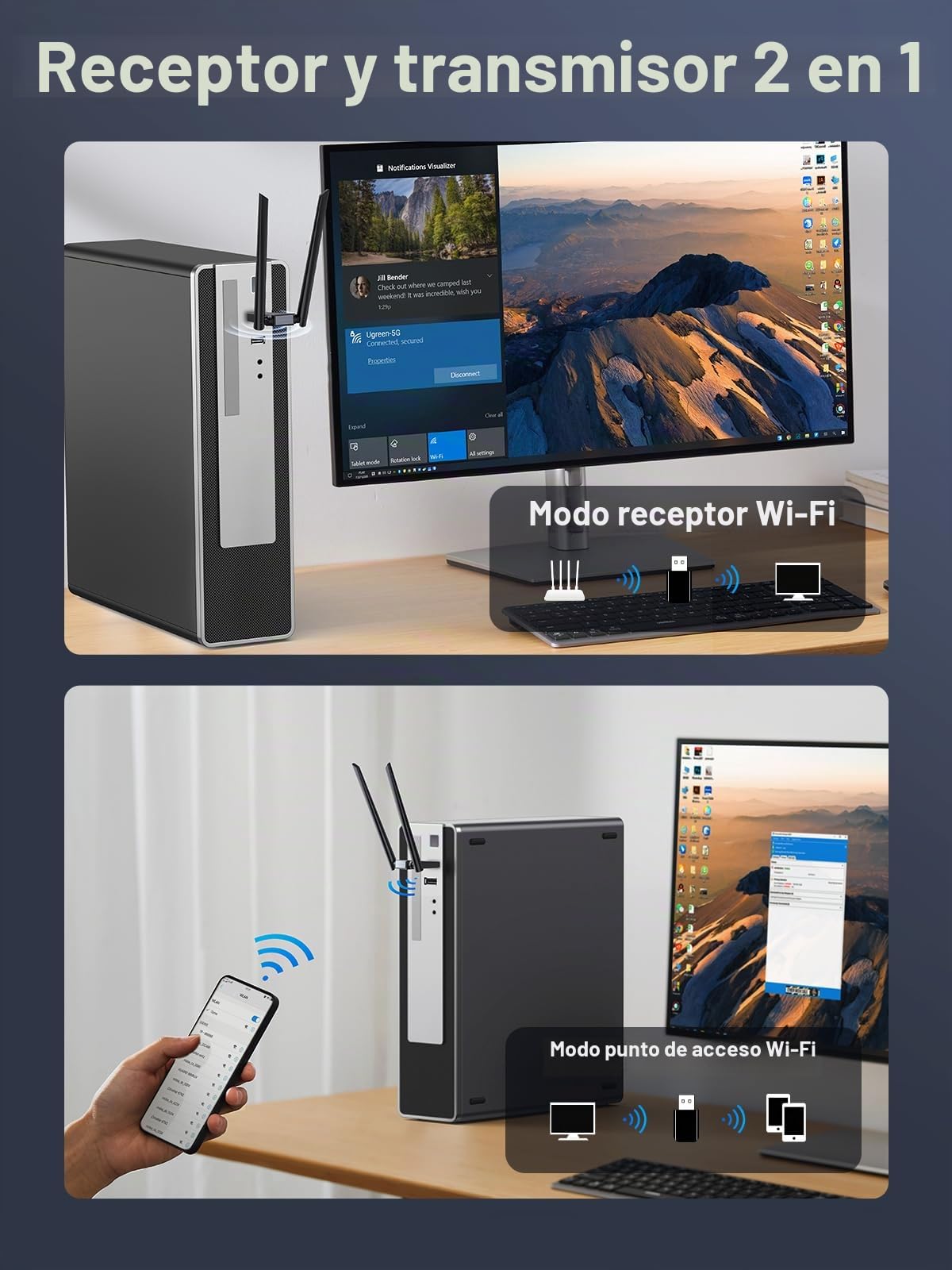 UGREEN Adaptador WiFi USB AC1300Mbps Dongle Dual Antena WiFi Dongle USB 3.0 Dual Band 5GHz/2.4GHz Adaptador Red Inalámbrico Pincho WiFi para PC Compatible con Windows 11 10 8 7 Mac OS Linux