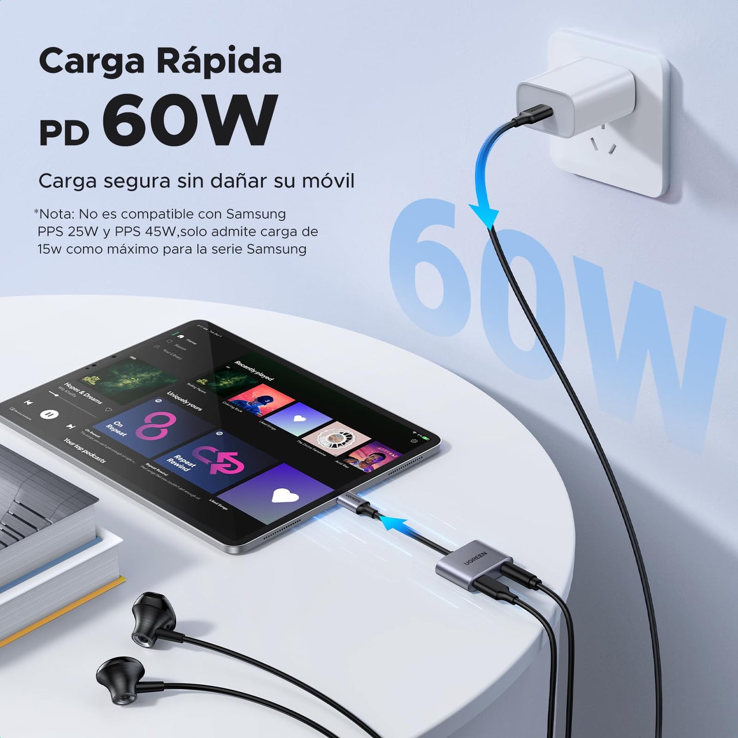 UGREEN 2 en 1 Adaptador USB C a Jack de 3,5 mm Compatible con Audio