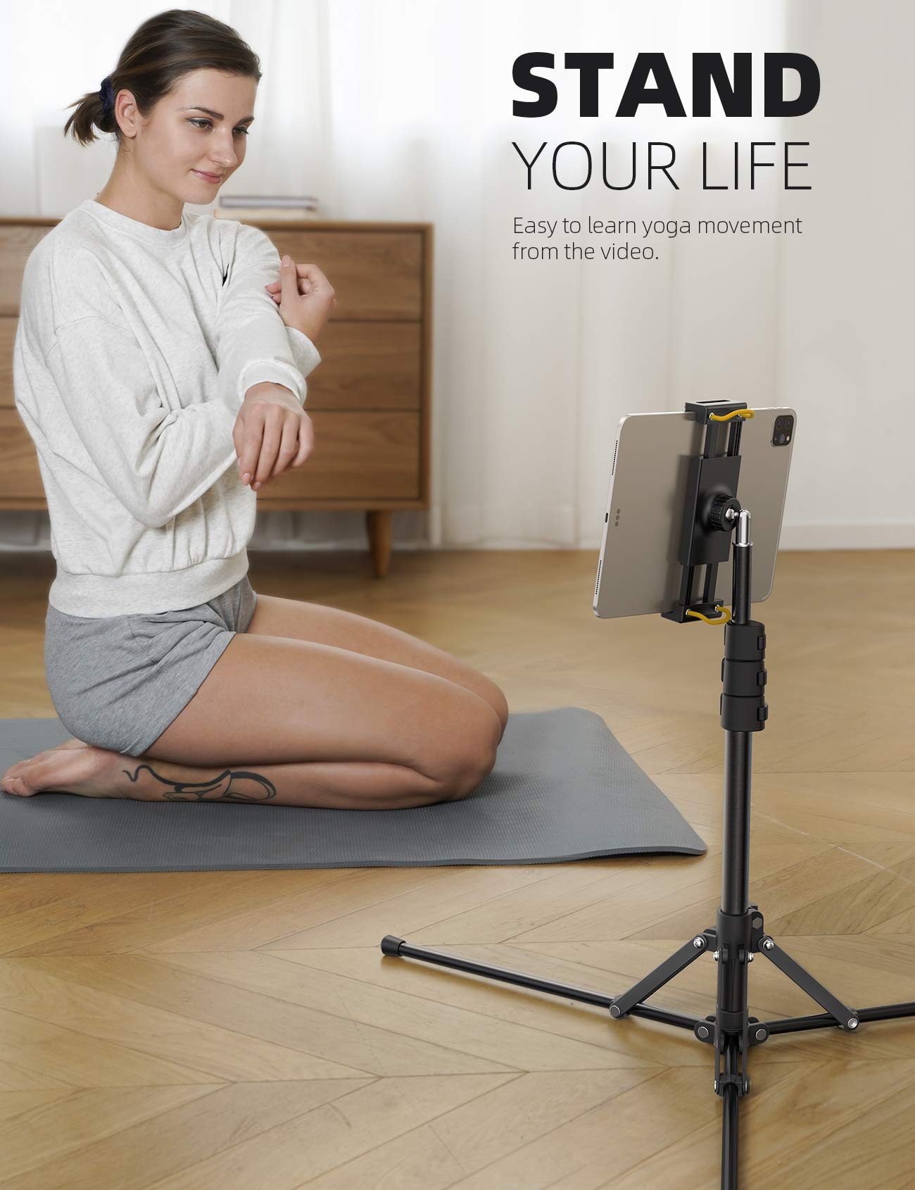 Lamicall Soporte de trípode de suelo para tableta, soporte para tablet de 65 pulgadas con altura ajustable para transmitir/ver con control remoto Bluetooth, para iPad Pro 12.9, Mini, Air, iPhone y