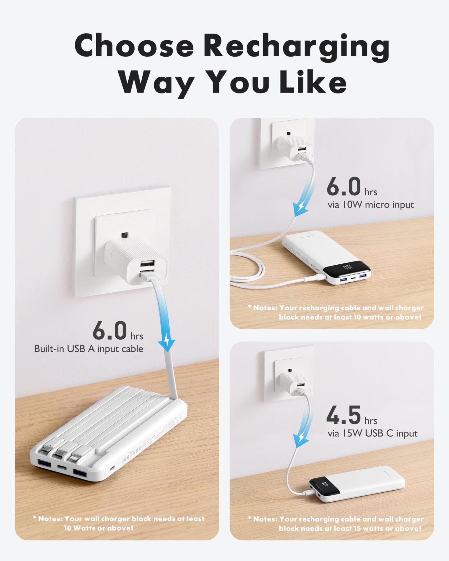Cargador portátil con cables integrados, cargador portátil con cables delgados de 10000 mAh, paquete de batería de viaje, 6 salidas, 3 entradas, 3 A, batería de carga rápida para Samsung, Google