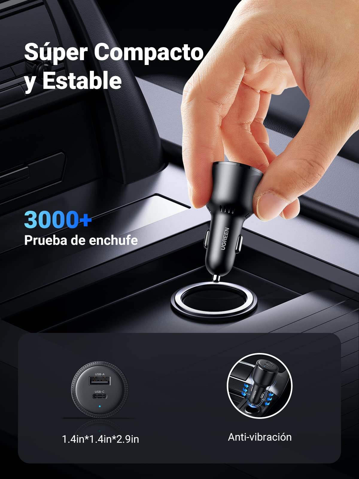 UGREEN 63W Cargador de Coche USB C con Cable 1 M, Car Charger Tipo C PD 3.0 QC 3.0 PPS 45W, Compatible con iPhone 16/15/14 Plus Pro MAX, Galaxy S24 Ultra/23/22, Xiaomi Redmi
