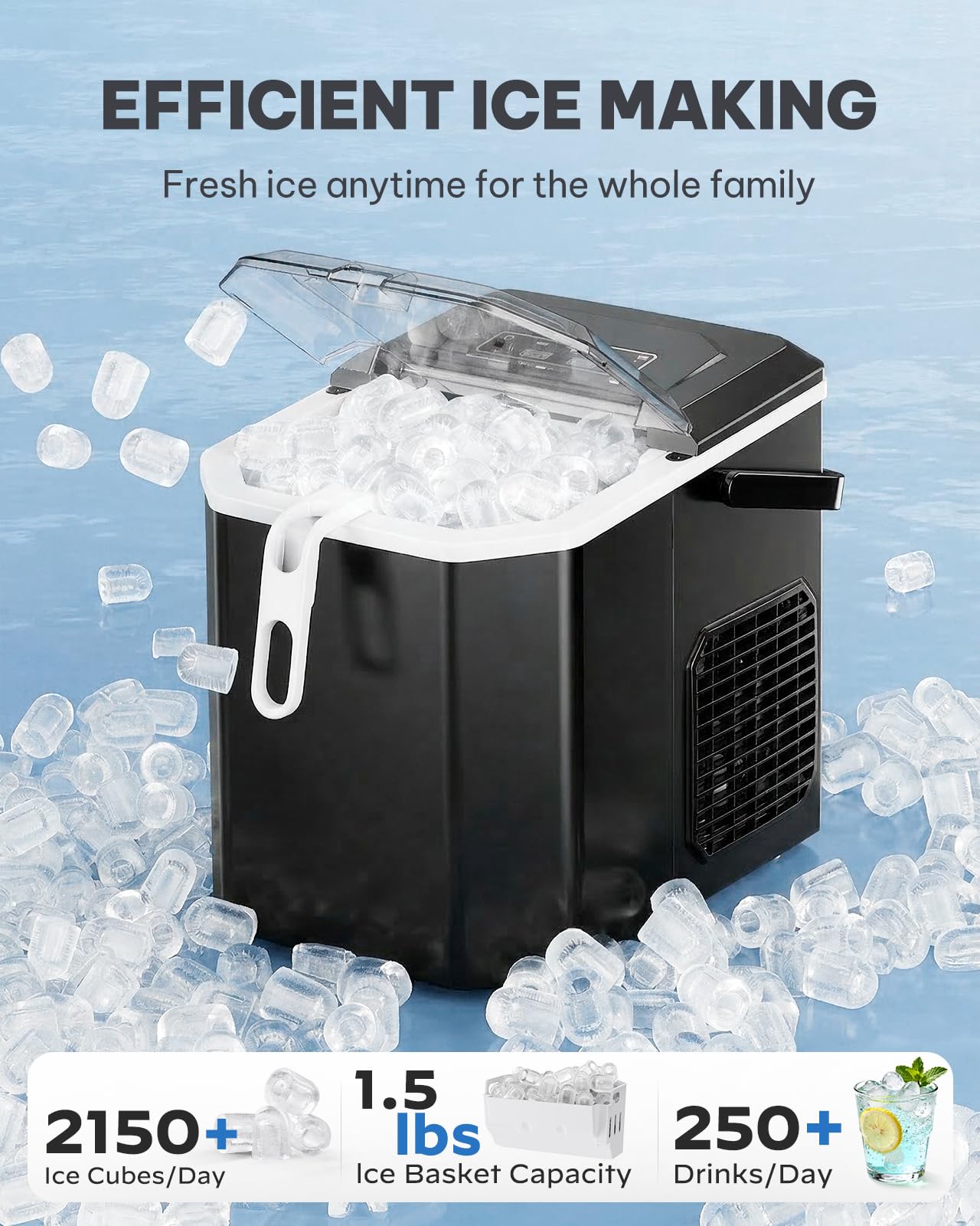 Silonn Máquina de hielo para encimera, máquina de hielo portátil con asa de transporte, máquina de hielo autolimpiable con cesta y pala, 9 cubos en 6 minutos, 26 libras por día