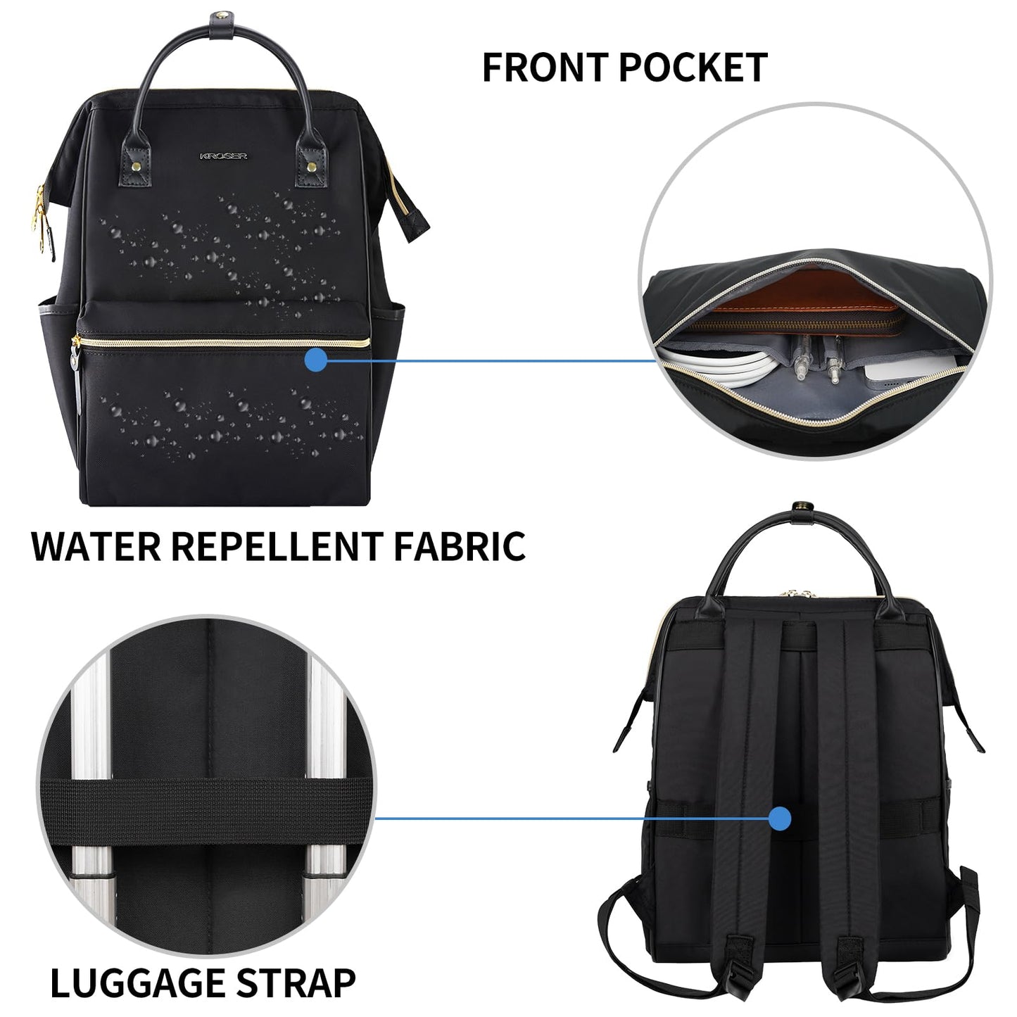 KROSER mochilo para computadora portátil de 17 pulgadas, elegante mochila repelente al agua, casual con puerto USB, para hombres y mujeres, color negro