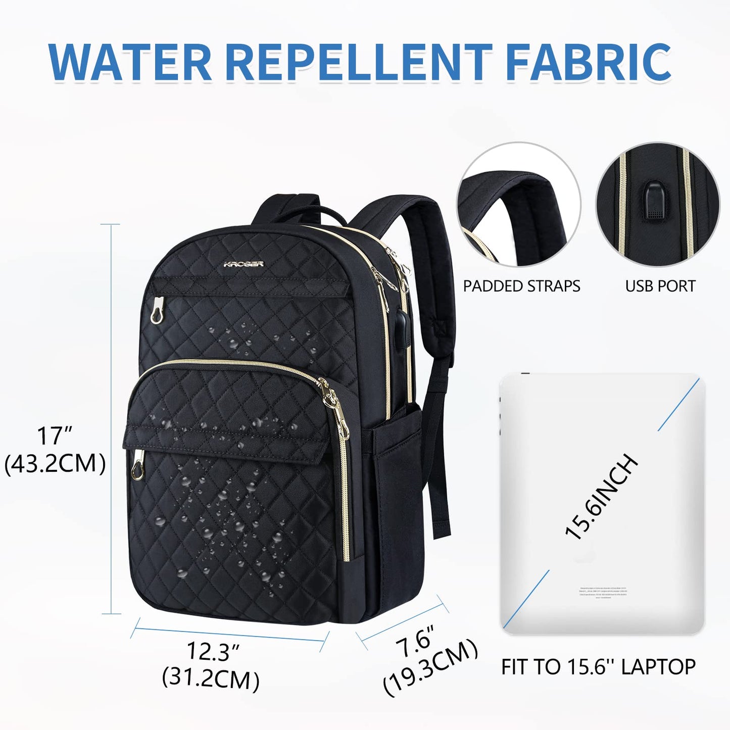 KROSER Mochila para portátil de 15.6 pulgadas elegante, Acolchado negro, Fits up to 15.6" laptop