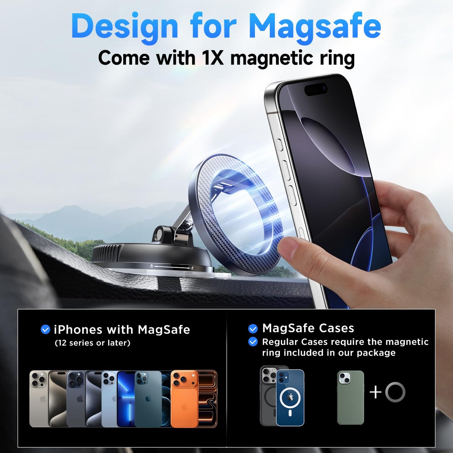 Soporte de teléfono para Coche Magsafe [78+LBS más Fuerte succión y imán más Fuerte de 2400 GF] Soporte de teléfono de Coche Ajustable de 360°, Soportes de teléfono Celular para tu Coche para Todos