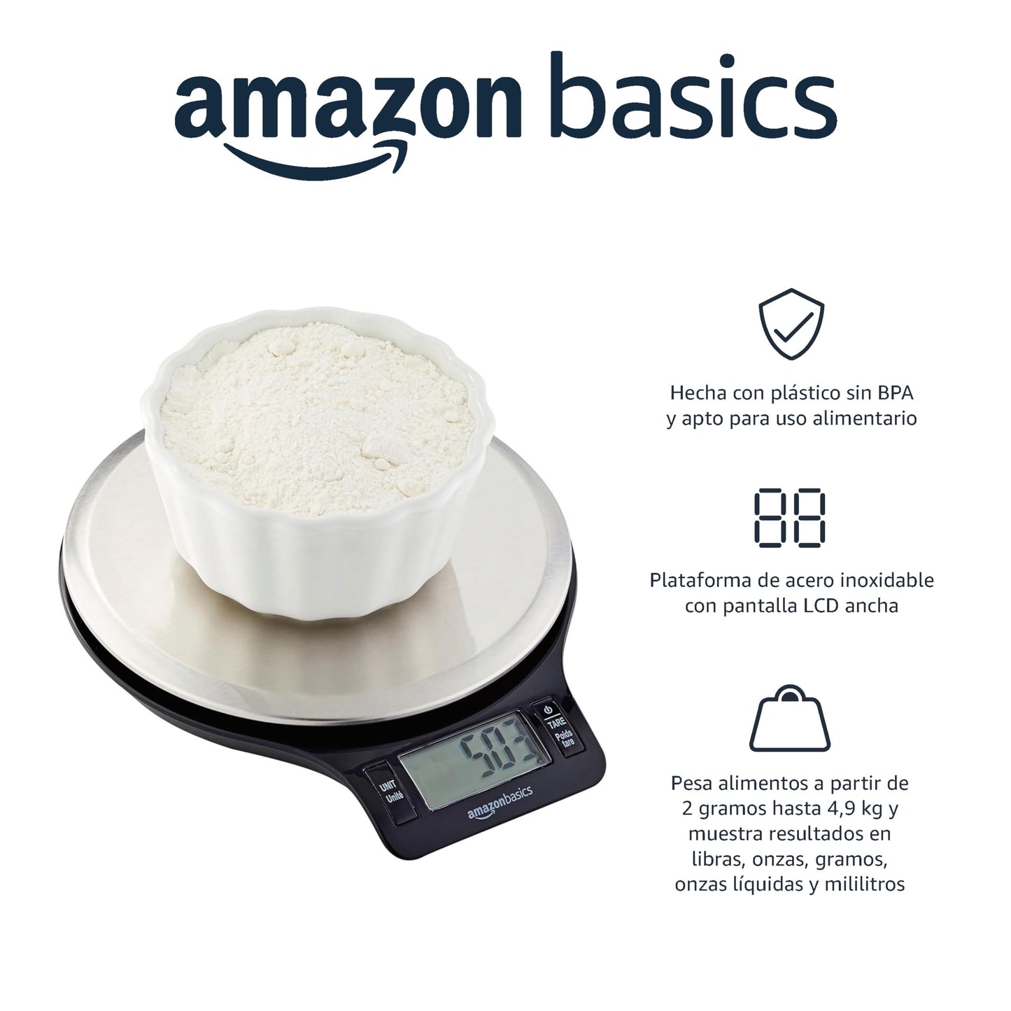 Amazon Basics Báscula de Cocina Digital con Pantalla LCD, sin bisfenol A (BPA), de Acero Inoxidable (Pilas Incluidas), Pesa hasta 11 Libras, Negro
