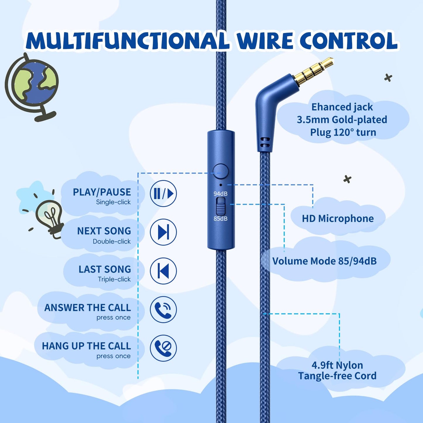 Auriculares para niños con cable para la escuela, límite de volumen de 85/94 dB, auriculares con cable para niños y niñas con micrófono, sonido estéreo, conector de 3,5 mm para Kindle, tablet, viajes