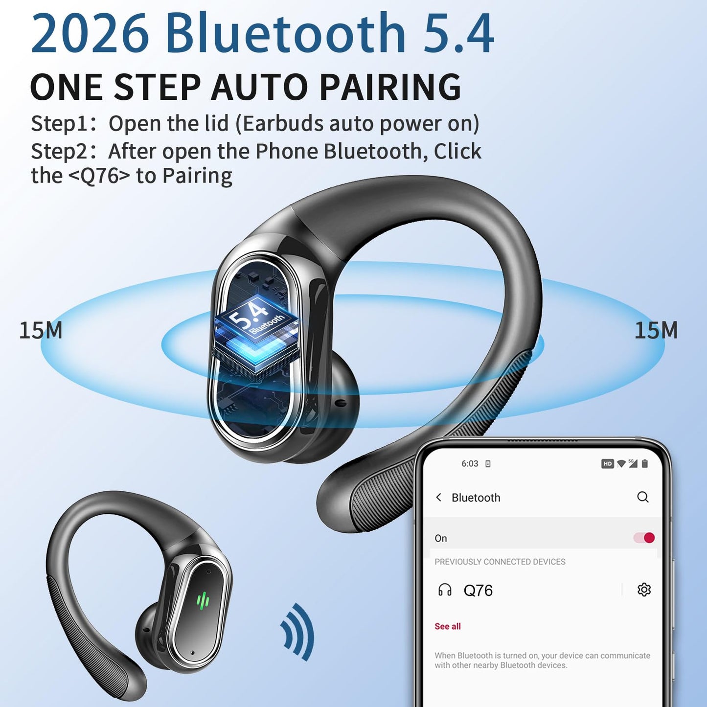 Auriculares inalámbricos Bluetooth Deportivos, Auriculares Bluetooth 5.4 HiFi Estéreo con 4 HD Mic, 50H Cascos Inalambricos con Cancelacion Ruido ENC, IP7 Impermeable Cascos para Running/Pantalla LED