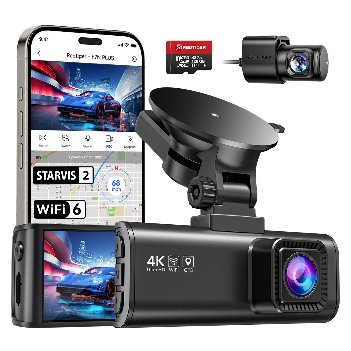 REDTIGER Dashcam 4K/2.5K Delantera y Trasera con STARVIS 2,Pantalla IPS de 3,18 Pulgadas, Tarjeta de 128 GB, WiFi de 5,8 GHz, GPS, WDR Gran Angular de 170°, Admite hasta 256 GB (F7NP)
