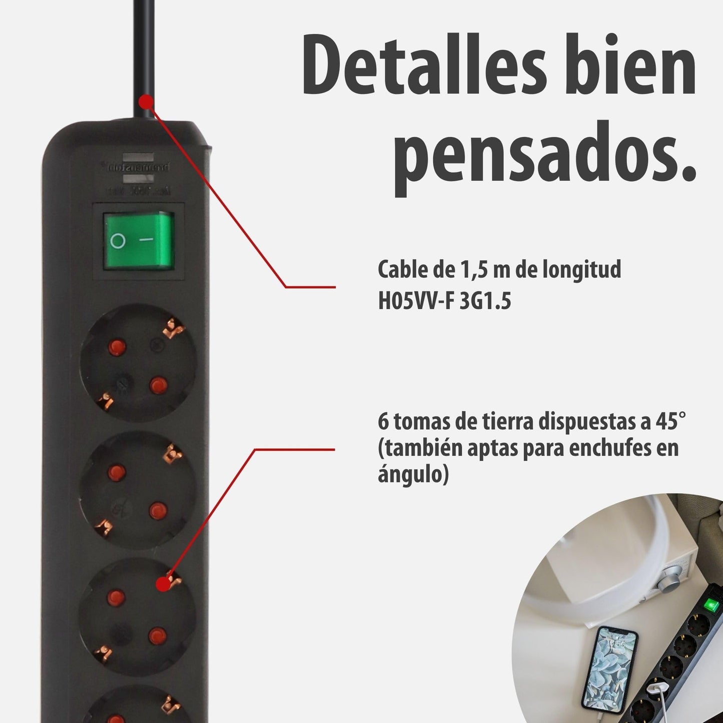 Brennenstuhl Eco-Line regleta de enchufes con 6 Tomas de Corriente (Cable de 1,5m, Interruptor) Negro