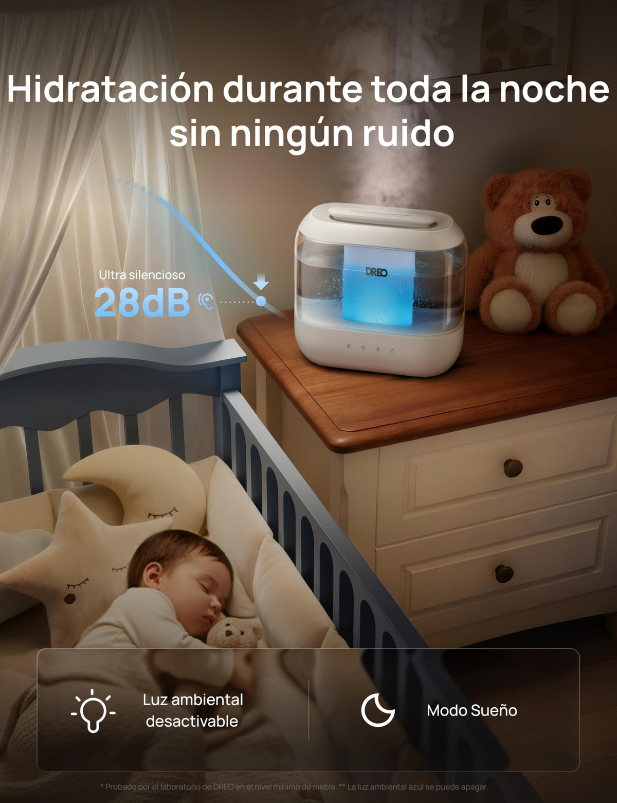 Dreo Humidificador para el dormitorio, humidificador de vapor frío de 4L con difusor de aceite y luz nocturna, 32H de autonomía, Humidificador ultrasónico silencioso para las guarderías y plantas
