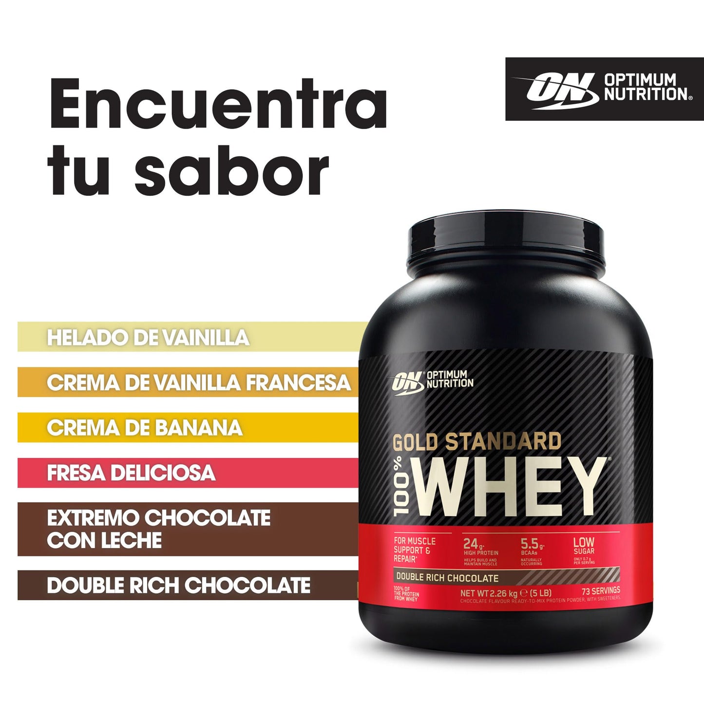 Optimum Nutrition Gold Standard 100% Whey, Proteína en Polvo, Sabor Doble Chocolate Rico, 2.26kg, 73 Servicios, Paquete Puede Variar