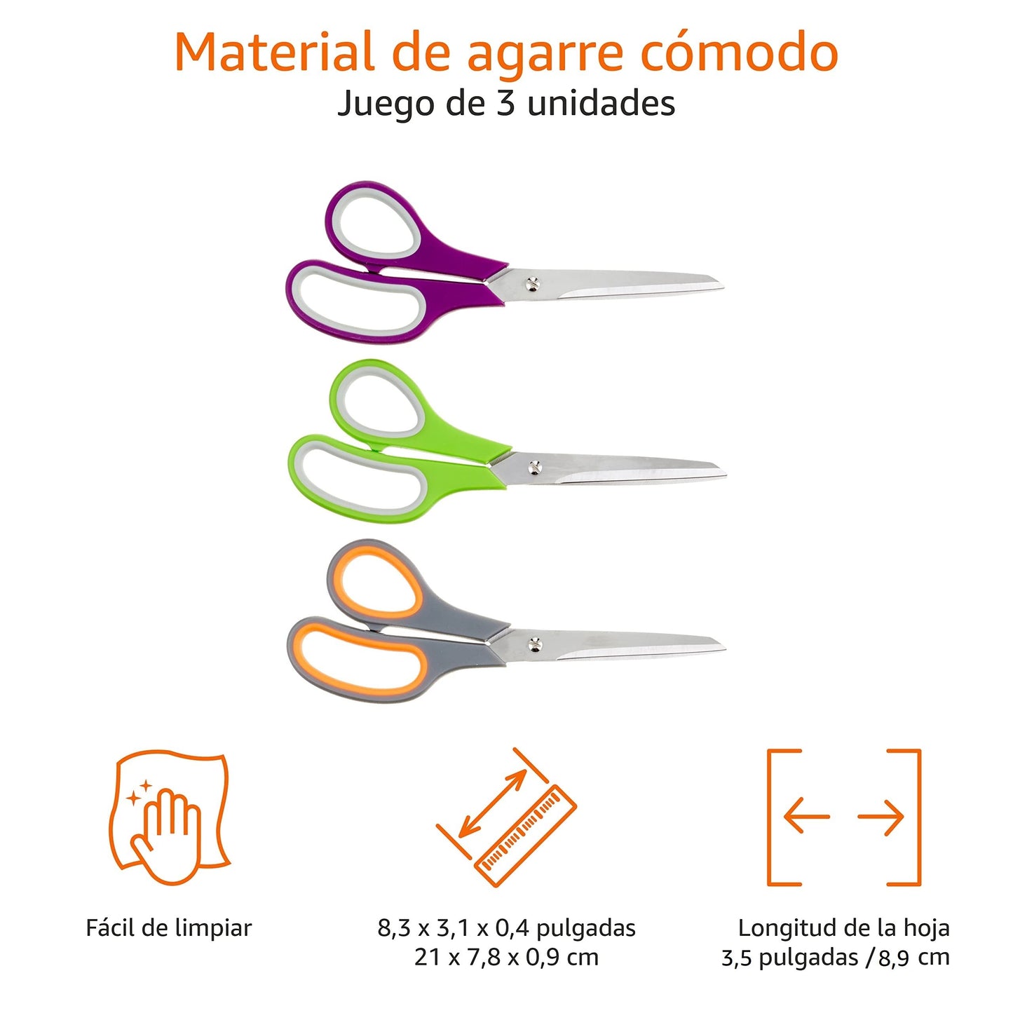 Amazon Basics Tijeras de acero inoxidable, cómodas, multifuncionales, multiusos, recubiertas de PVD, paquete de 3, oficina, hogar, cocina, multicolor