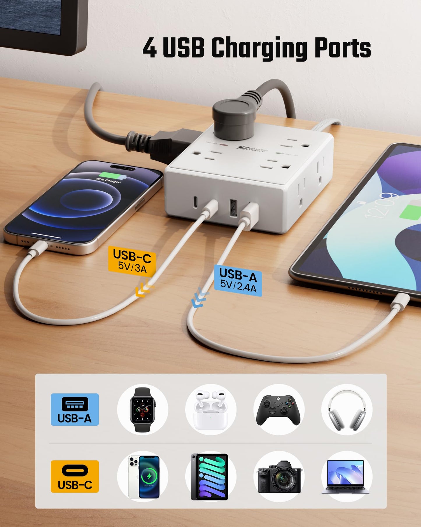 Cable de extensión de 10 pies con múltiples tomas, protector de sobretensiones de enchufe plano, cable de 10 pies de largo, 8 salidas y 4 puertos USB (2 USB C), estación de carga de escritorio para