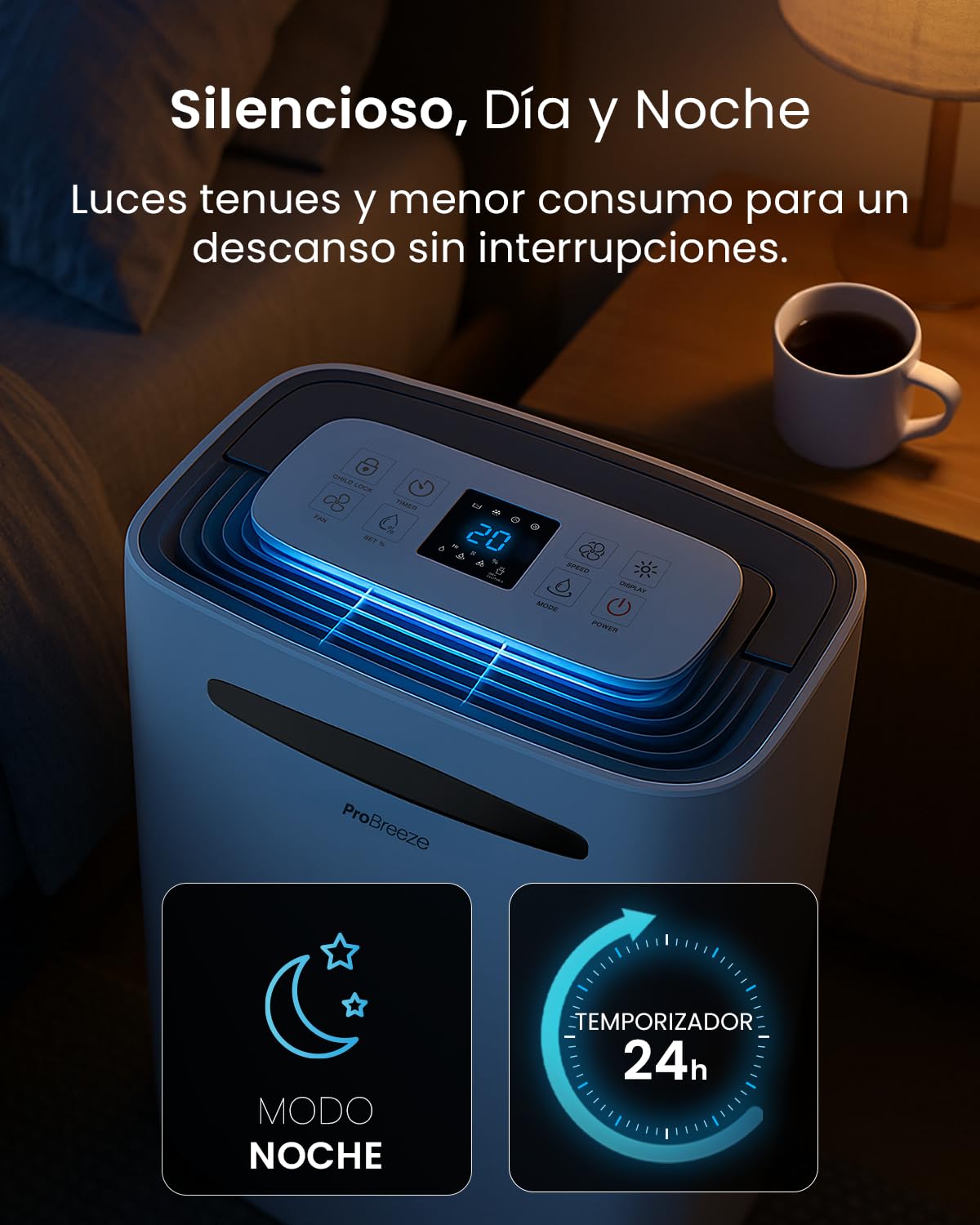 Pro Breeze Deshumidificador Antihumedad 20L, Habitaciones hasta 30m2, Depósito Extraíble y Desagüe Continuo, Pantalla Digital, 4 Modos, Temporizador 24h, seca la ropa - Deshumificador Silencioso