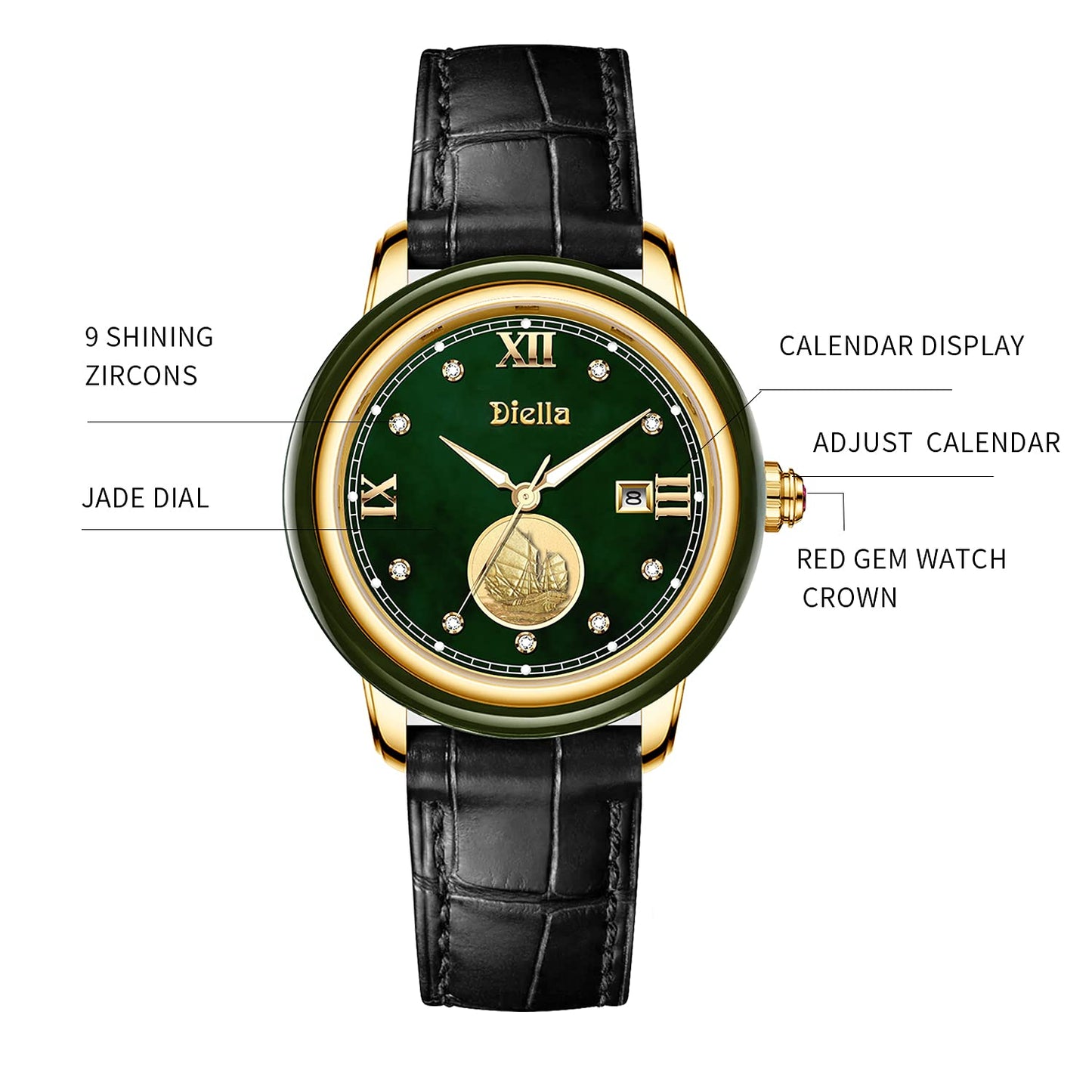 Diella Reloj impermeable para mujer, reloj de pulsera de cuero y movimiento de cuarzo japonés, relojes analógicos de moda, espejo de cristal de zafiro y circonitas de corona de rubí (AD5002L)