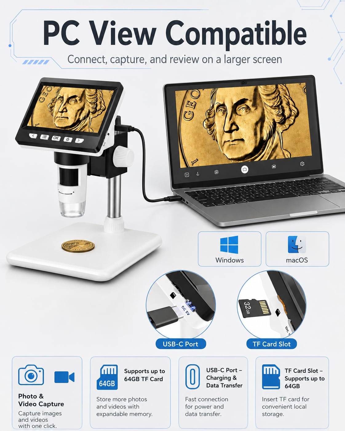 Microscopio Digital Electrónico portátil de 4.3 Pulgadas 1080P con 8 Luces LED Ajustables, Profesional para niños/Adultos 50-1000X, Vista de PC, Compatible con Windows MacOS