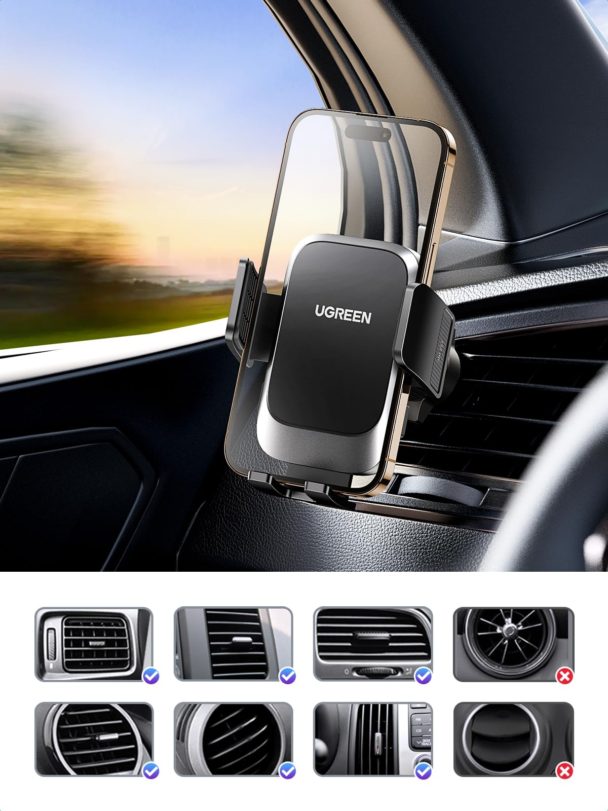 UGREEN Soporte Universal para teléfono de Coche, Soporte Universal para teléfono móvil Compatible con iPhone 16, 15, 14, 13, 12, 11 Pro MAX, Galaxy S24 Ultra