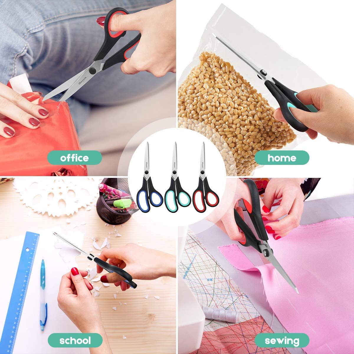 Juego de 3 tijeras de 20,3 cm, tijeras multiusos resistentes con cuchillas muy afiladas y asas de agarre cómodo, para oficina, hogar, escuela, manualidades y costura