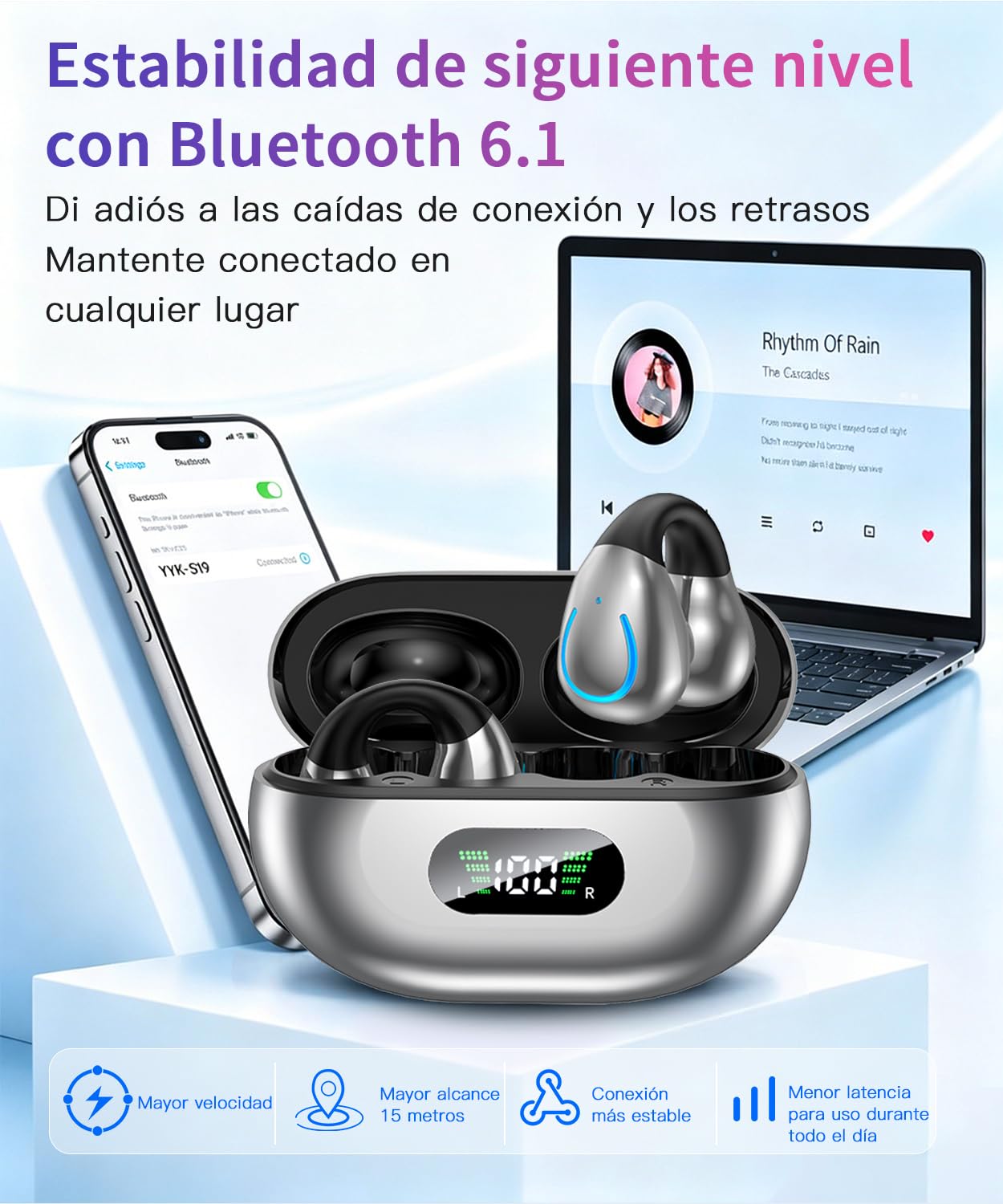 Paekole Auriculares Inalámbricos Bluetooth 6.1 Open Ear Clip, Auriculares Deportivos con Pantalla LED 80H, Cancelación de Ruido ENC, IPX7 Impermeable, Cascos Inalámbricos para Running y Oficina