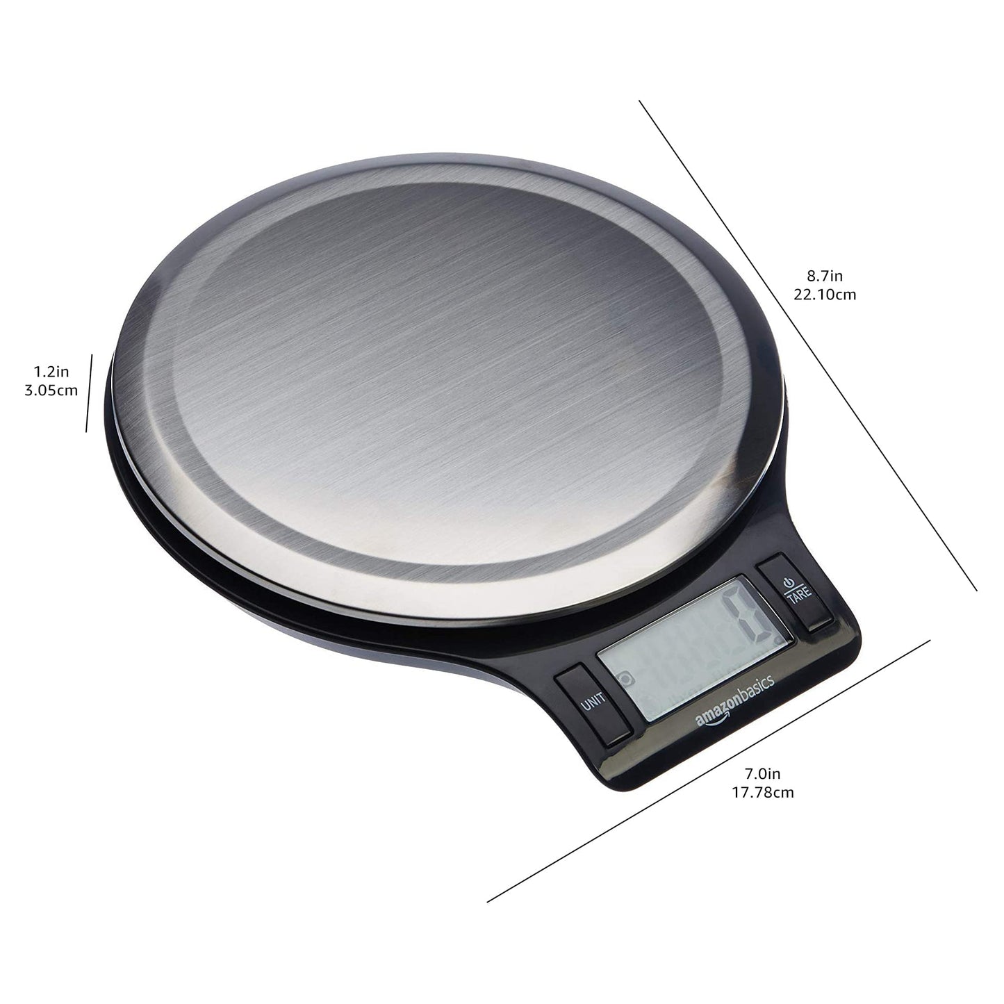 Amazon Basics Báscula de Cocina Digital con Pantalla LCD, sin bisfenol A (BPA), de Acero Inoxidable (Pilas Incluidas), Pesa hasta 11 Libras, Negro