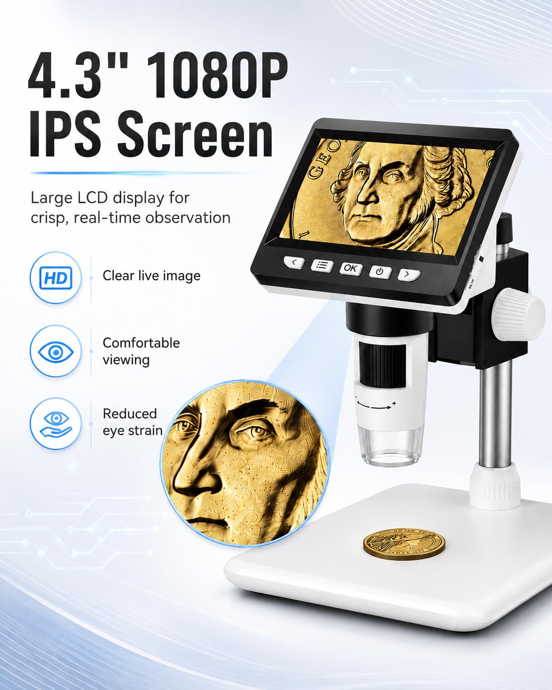 Microscopio Digital Electrónico portátil de 4.3 Pulgadas 1080P con 8 Luces LED Ajustables, Profesional para niños/Adultos 50-1000X, Vista de PC, Compatible con Windows MacOS