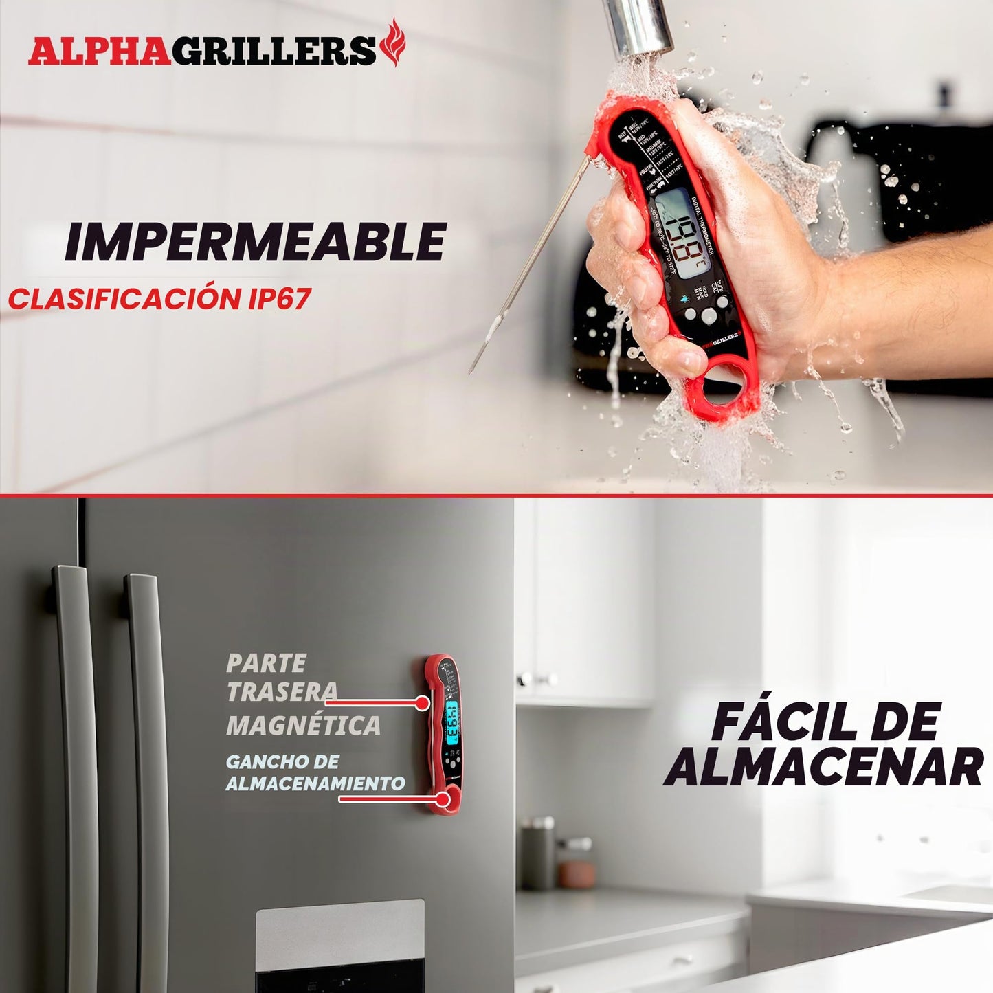 Vegena - Termómetro de barbacoa para carne, termómetro de barbacoa, termómetro de horno, 2 sondas con preajuste de temperatura, despertador de cocina, retroiluminación azul, pared trasera magnética
