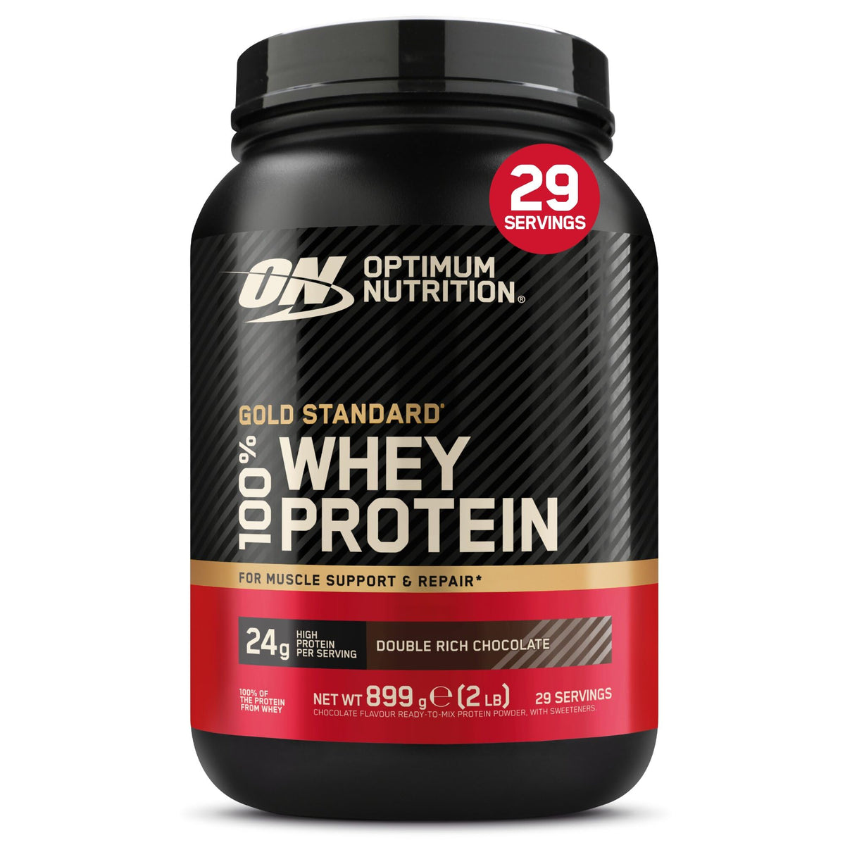 Optimum Nutrition Gold Standard 100% Whey, Proteína en Polvo, Sabor Doble Chocolate Rico, 899g, 29 Servicios, Paquete Puede Variar