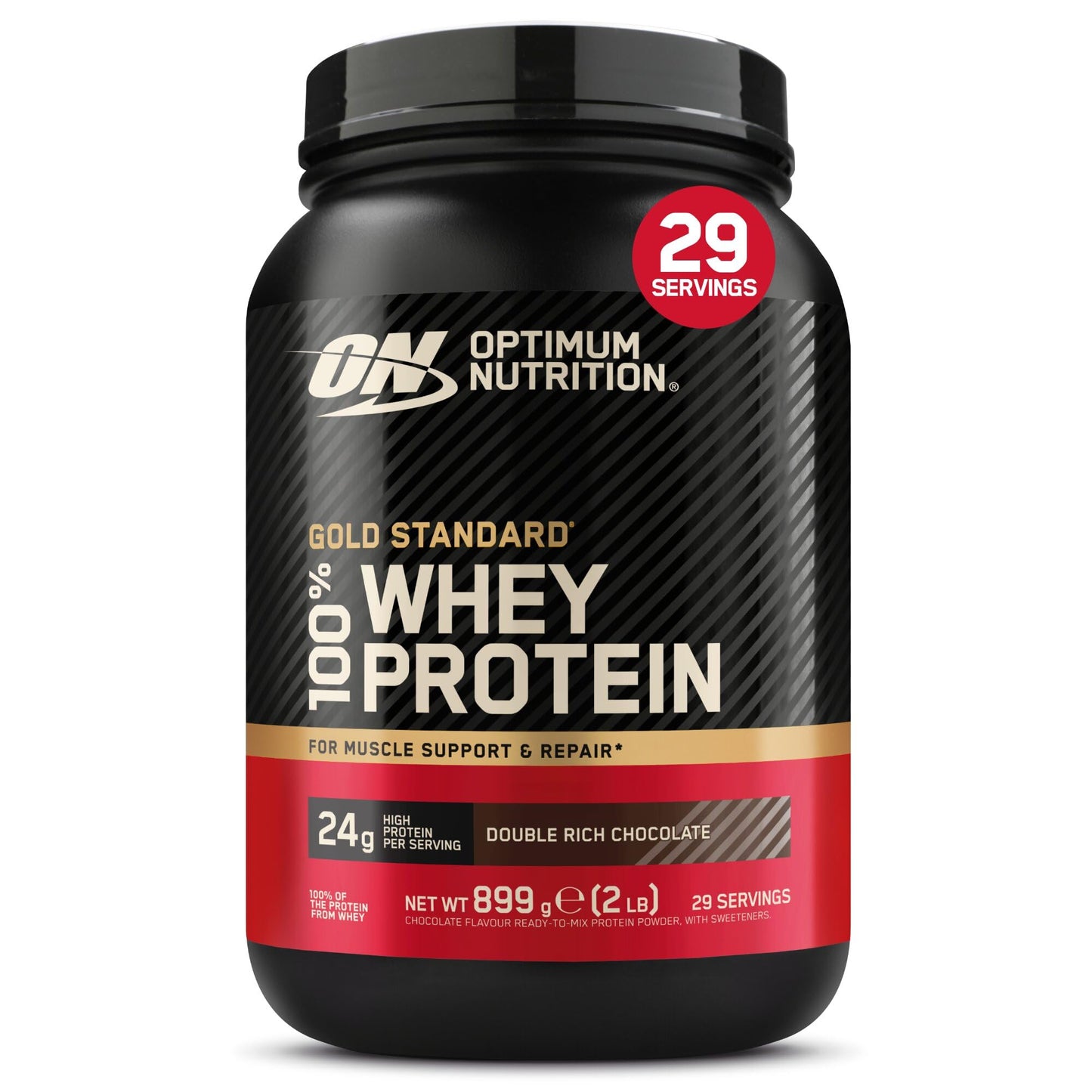 Optimum Nutrition Gold Standard 100% Whey, Proteína en Polvo, Sabor Doble Chocolate Rico, 899g, 29 Servicios, Paquete Puede Variar