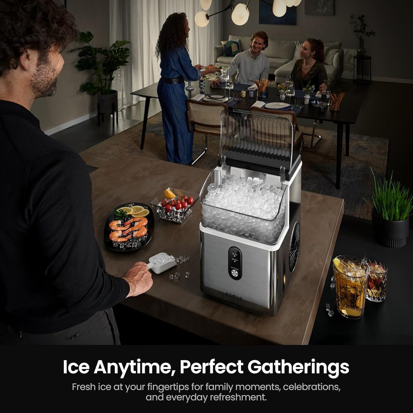 Kismile Máquina de hielo de pepitas para encimera, máquina de hielo portátil con hielo triturado, 35 libras/día, autolimpieza, operación con un solo clic para uso doméstico (plata)