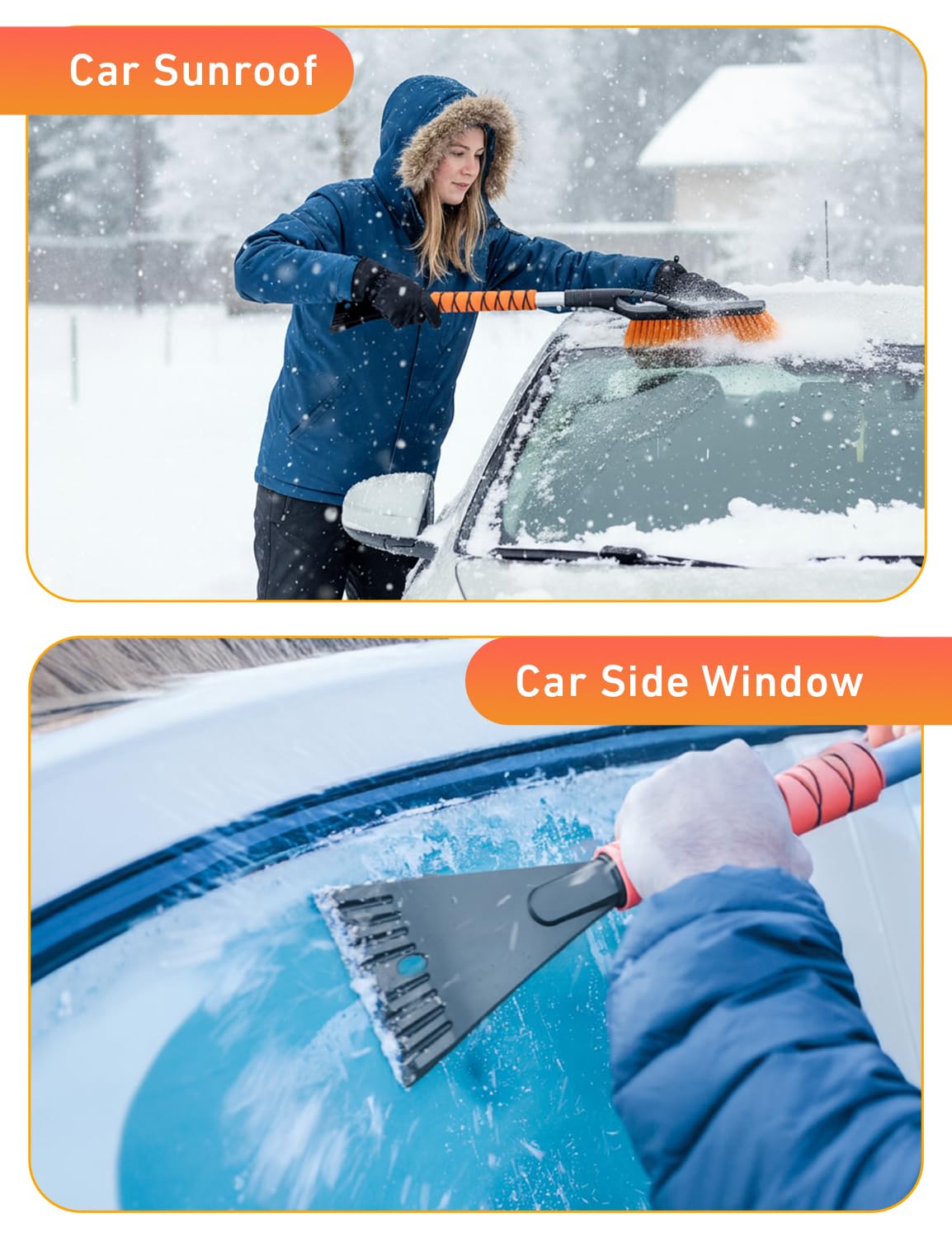 EcoNour Cepillo de nieve de 27 pulgadas con raspador para coche, cabeza de cerdas sin arañazos y raspador de hielo desmontable para parabrisas de coche, cuerpo de aluminio, rascador de hielo
