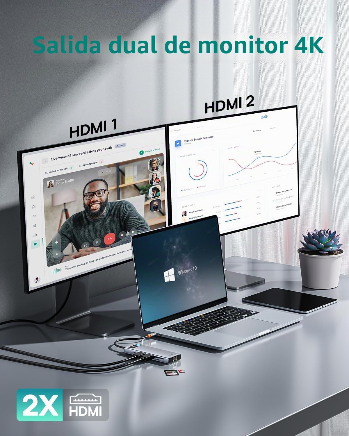 Baseus Estación de acoplamiento para portátil con monitor dual 4K a 120Hz, concentrador USB C 9 en 1 con 2 HDMI, LAN de 1000 Mbps, PD máximo de 85 W, 3 USB, lector de tarjetas SD, base USB C