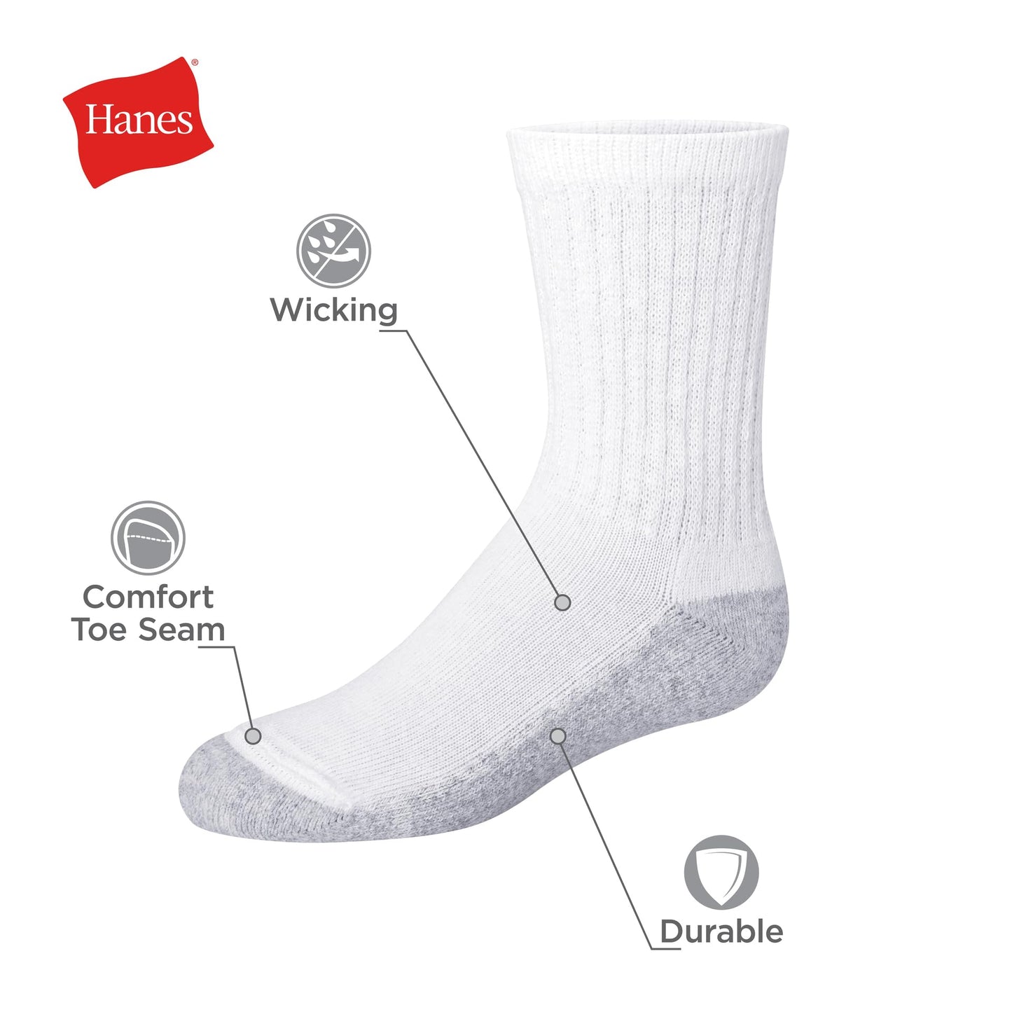 Hanes Boys' Classics Crew Socks (Pack of 12)