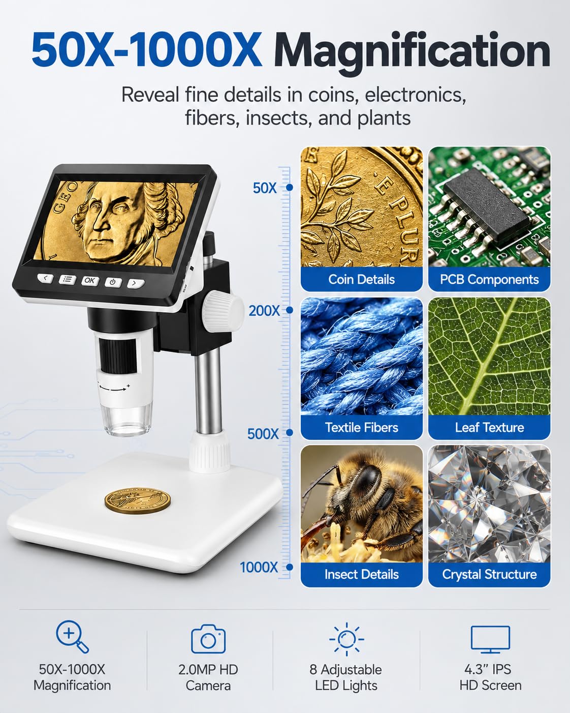 Microscopio Digital Electrónico portátil de 4.3 Pulgadas 1080P con 8 Luces LED Ajustables, Profesional para niños/Adultos 50-1000X, Vista de PC, Compatible con Windows MacOS
