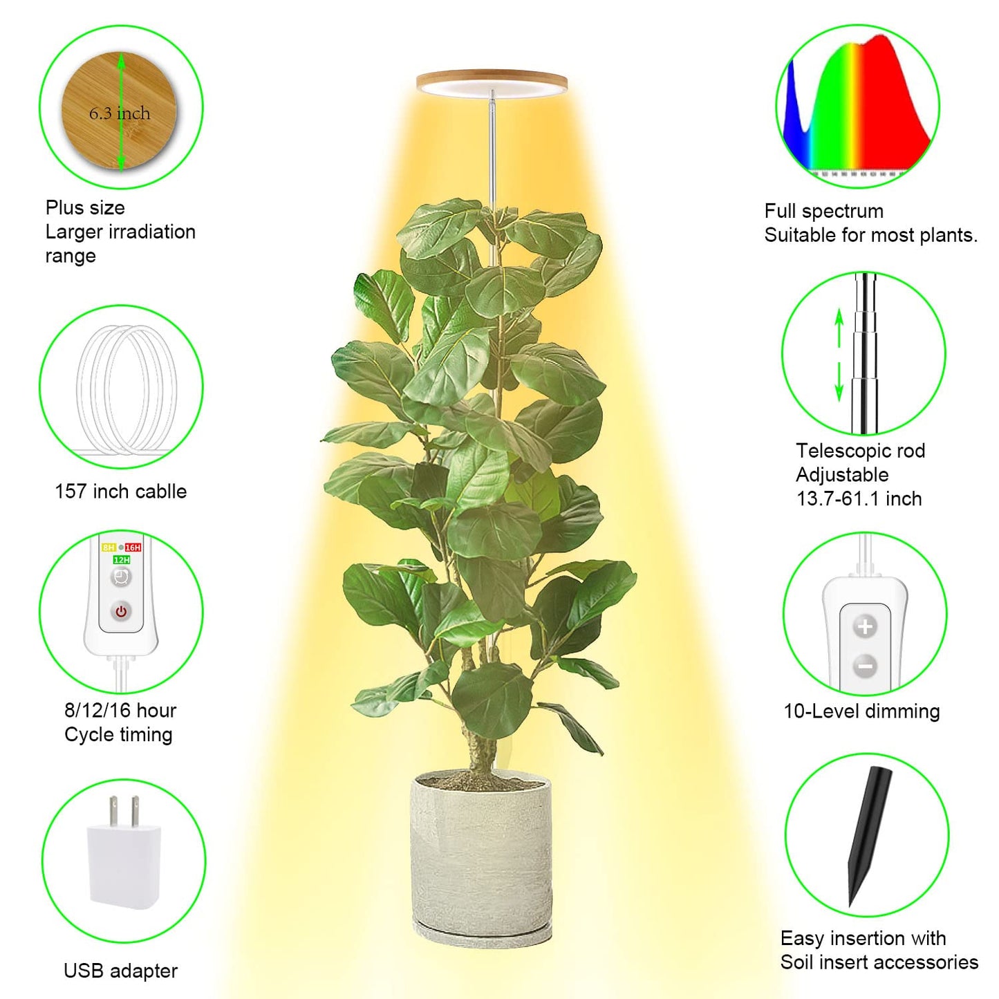 yadoker - Luz de crecimiento de plantas, luz LED de crecimiento de espectro completo para plantas de interior, altura ajustable, temporizador automático, bajo voltaje seguro de 5 V, ideal para luces