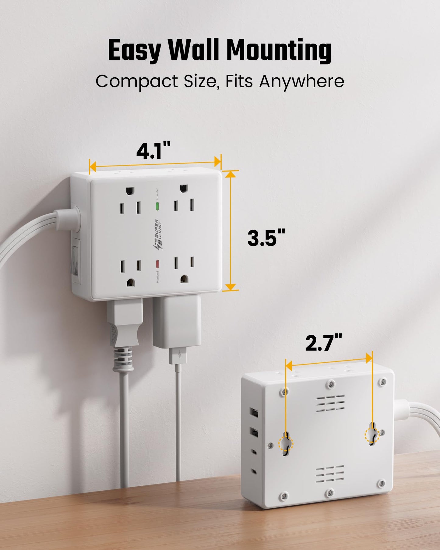 Cable de extensión de 10 pies con múltiples tomas, protector de sobretensiones de enchufe plano, cable de 10 pies de largo, 8 salidas y 4 puertos USB (2 USB C), estación de carga de escritorio para