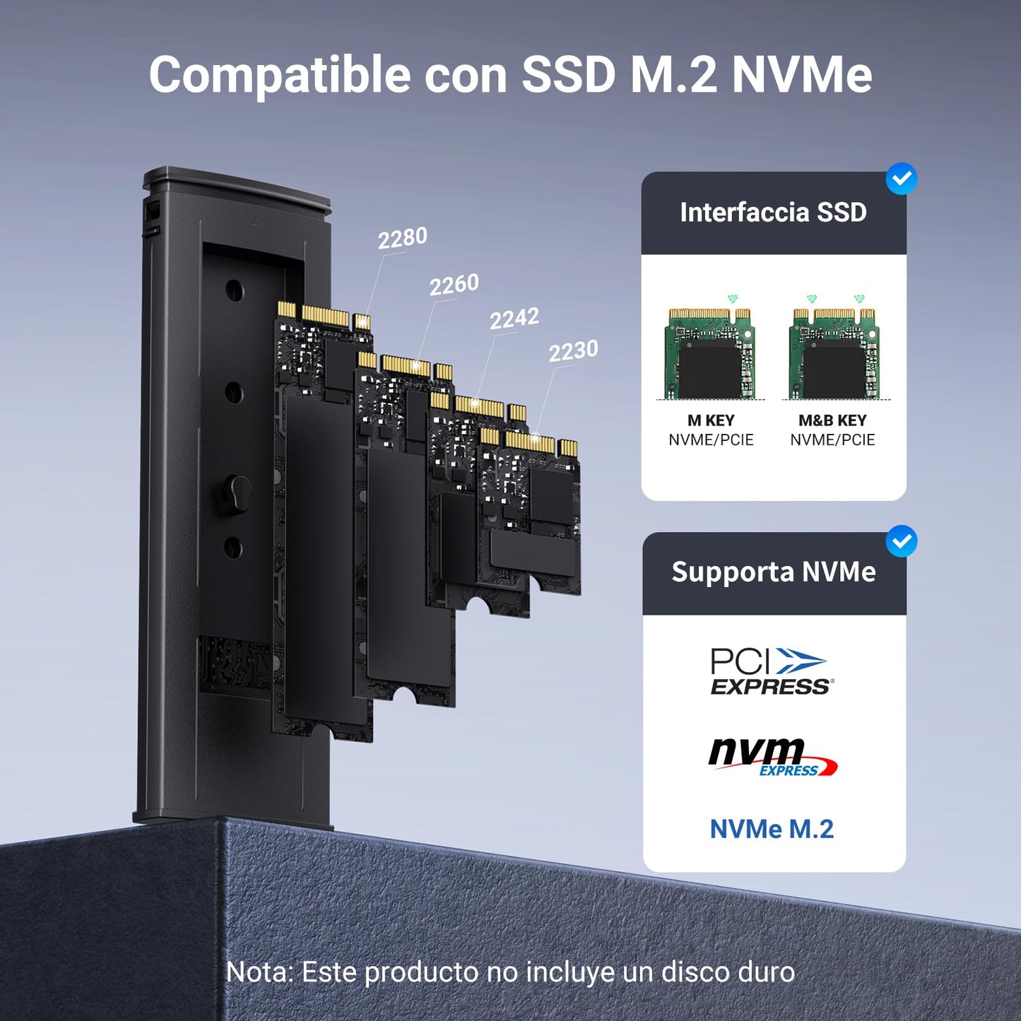 UGREEN Carcasa M.2 NVMe, Caja SSD M2 con UASP USB C 3.2 Gen 2 10Gbps para M/ B+M Key 2230/2242/2260/2280, con Cable Type C y A
