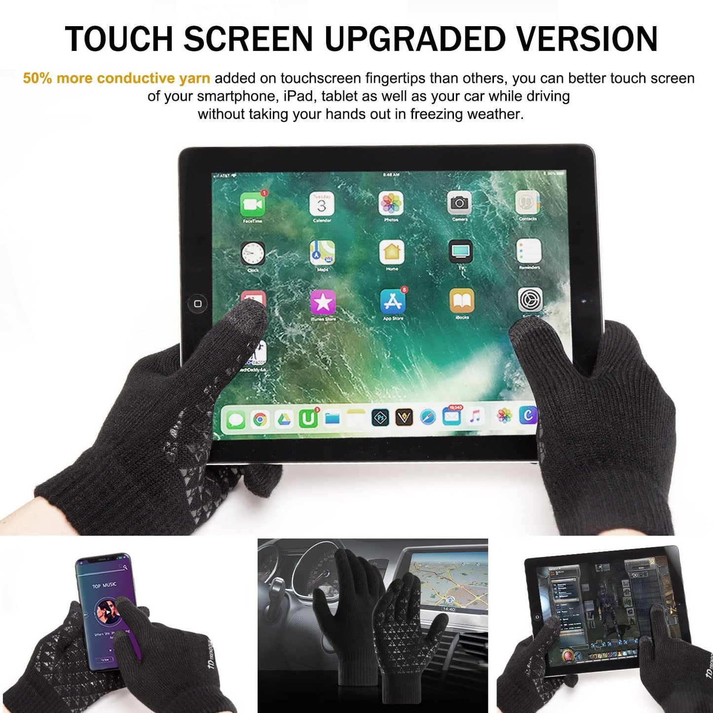 TRENDOUX Driving Gloves, Unisex Knit Winter Touchscreen Glove Men Women Texting Smartphone - Elastic Cuff - Thermal Wool Lining - Stretchy Material Black - L
