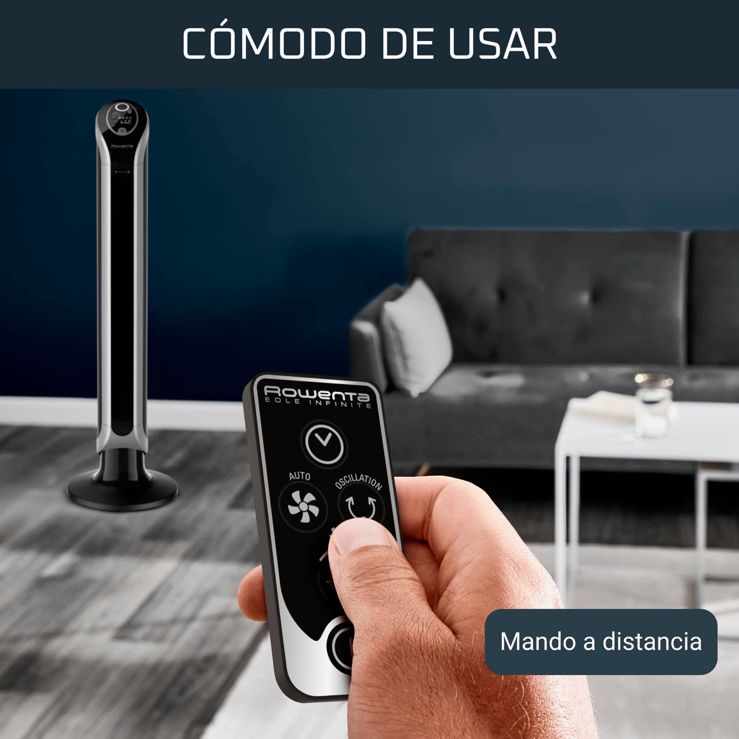 Rowenta Eole Infinite, Ventilador de Torre Potente, Temporizador de hasta 8 horas, 3 Velocidades, Mando a Distancia, Apagado Automático, Moderno, Bajo Consumo Energético, Sin Aspas, Negro VU6670