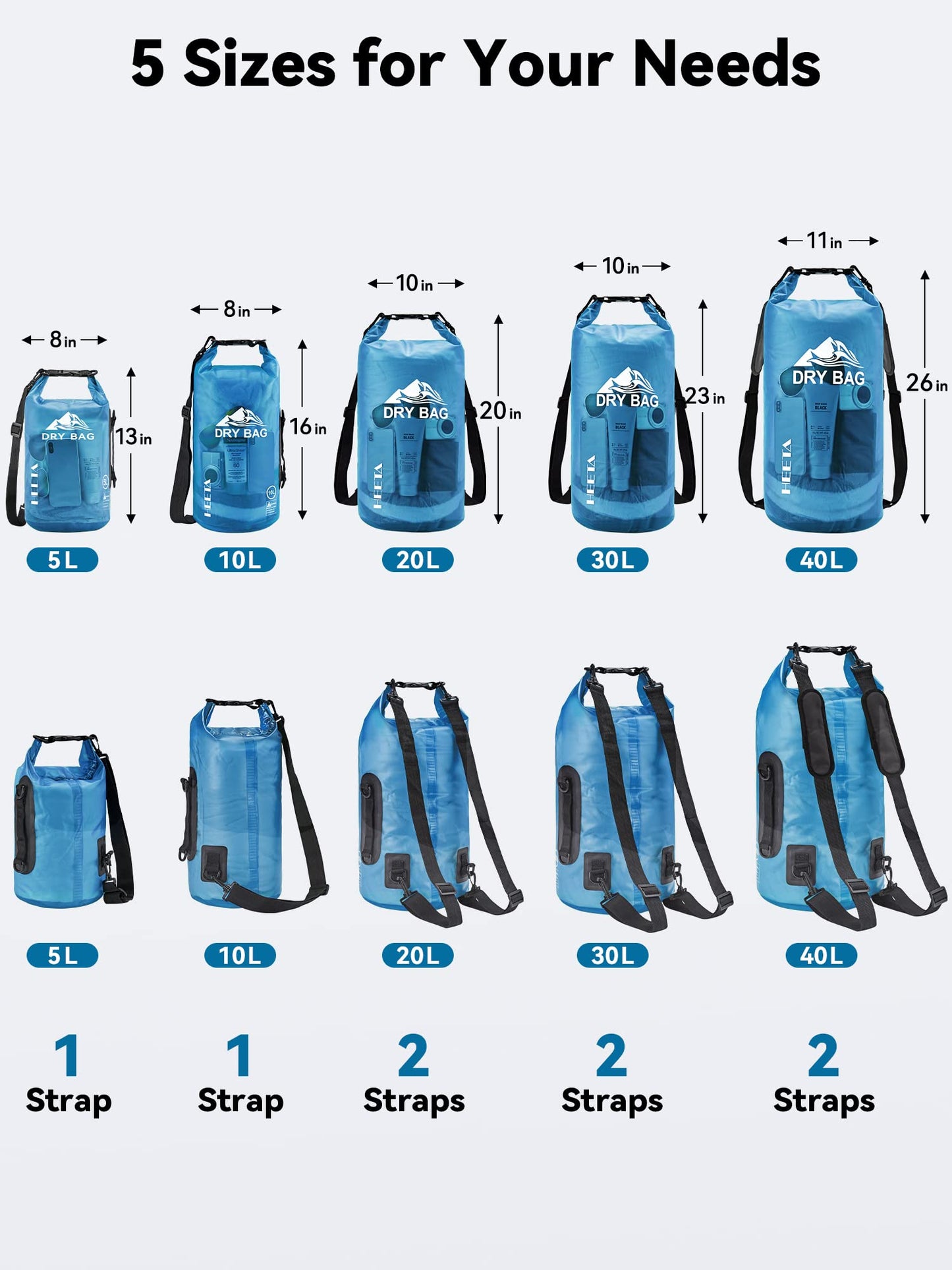 HEETA Bolsa Seca Impermeable para Mujeres y Hombres, Blue, L, Mochila, Viaje