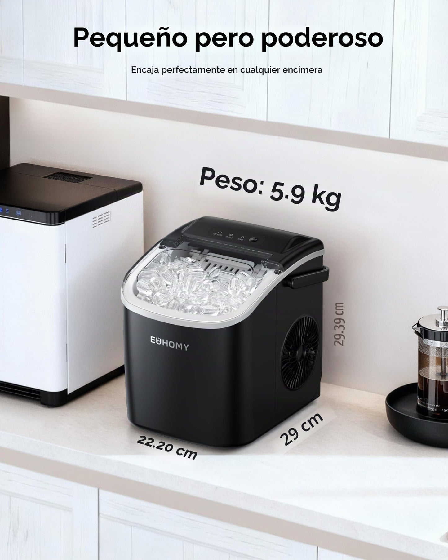 EUHOMY Máquina de Hielo: 9 Cubos en 6 Minutos, Maquina de Hacer Hielo Autolimpiable, 12Kg/24H, 2 Tamaños de Hielo, con aAsa, Pala para Hielo y Cesta Ideal Para Inicio/Cocina/Oficina/Bar, Negra mate
