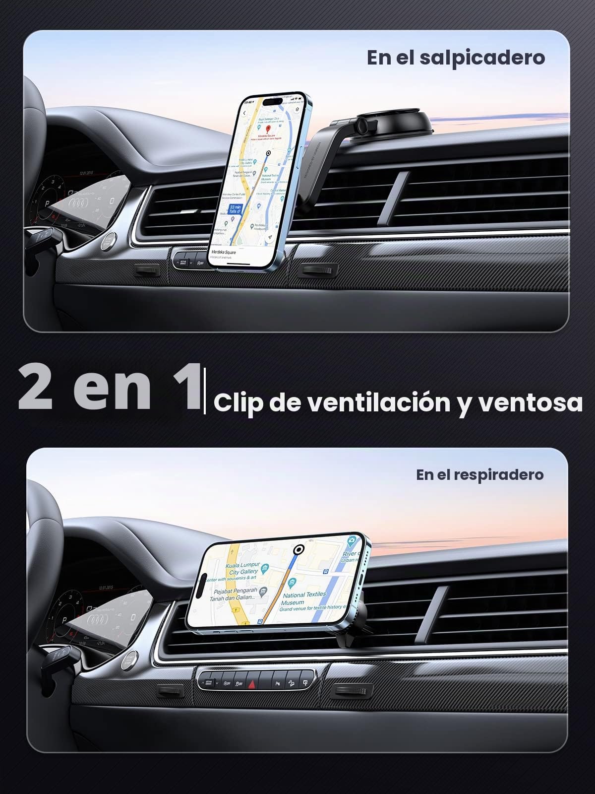 UGREEN Cargador Magnético de Coche Inalámbrico 2 en 1, Soporte Móvil para Aire Ventilación con Ventosa con Carga Wireless Compatible con iPhone 16/15/14/13/12 Series
